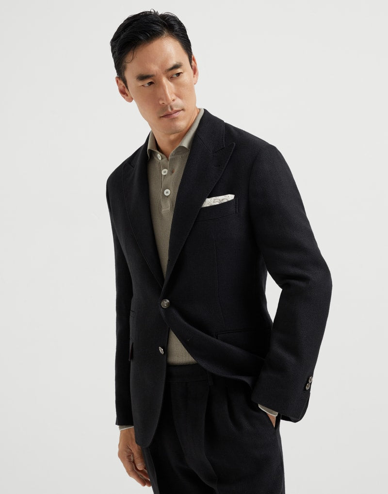 BRUNELLO CUCINELLI MEN'S BLACK LINEN WOOL TAILORED BLAZER