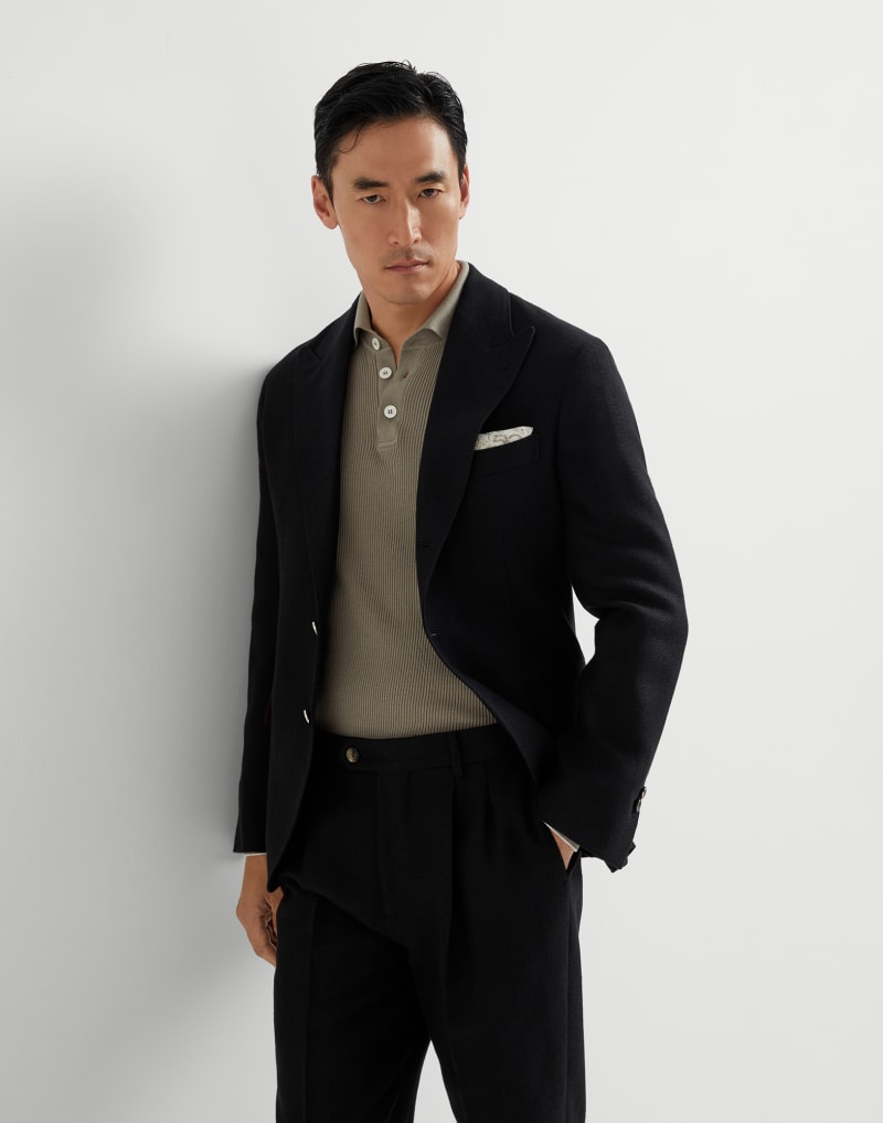 BRUNELLO CUCINELLI MEN'S BLACK LINEN WOOL TAILORED BLAZER