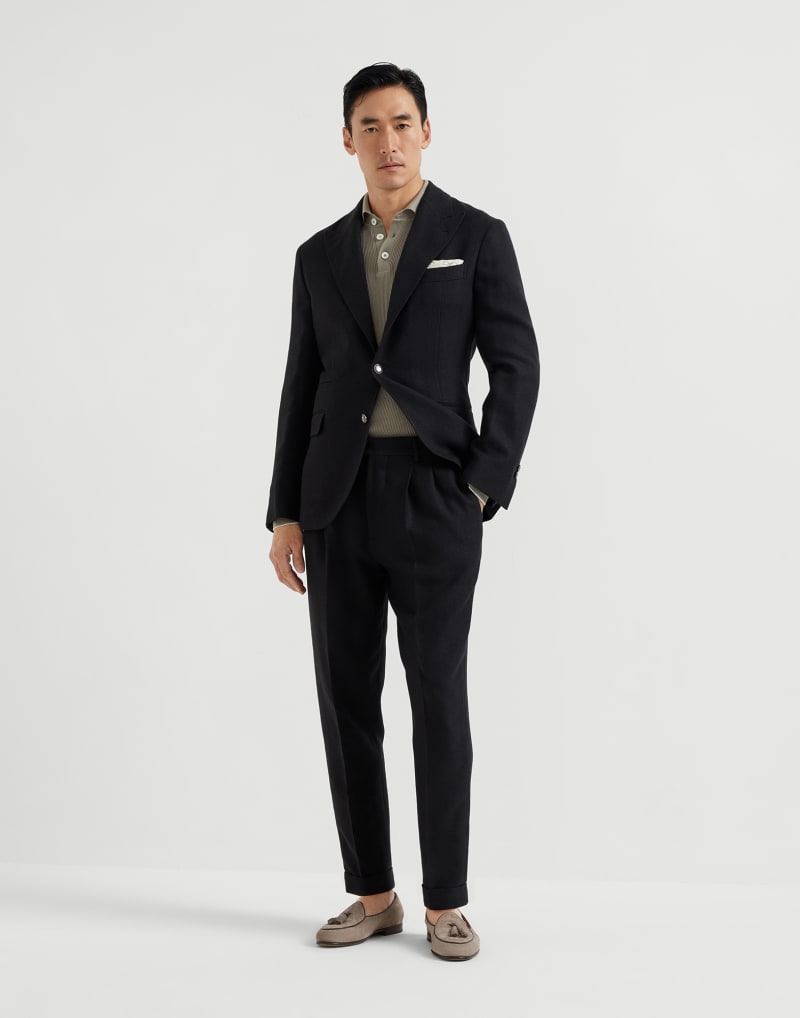 BRUNELLO CUCINELLI MEN'S BLACK LINEN WOOL TAILORED TROUSERS