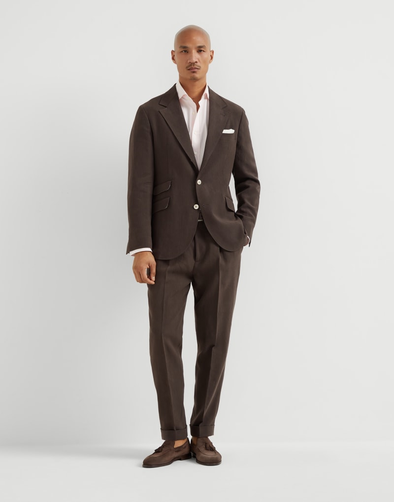BRUNELLO CUCINELLI MEN'S DARK BROWN LINEN SUIT