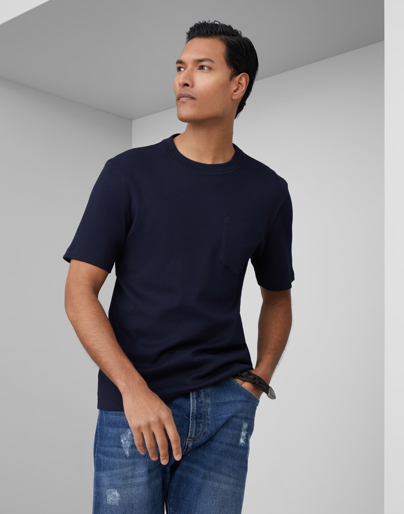 BRUNELLO CUCINELLI MEN'S DARK BLUE COTTON KNIT SHIRT