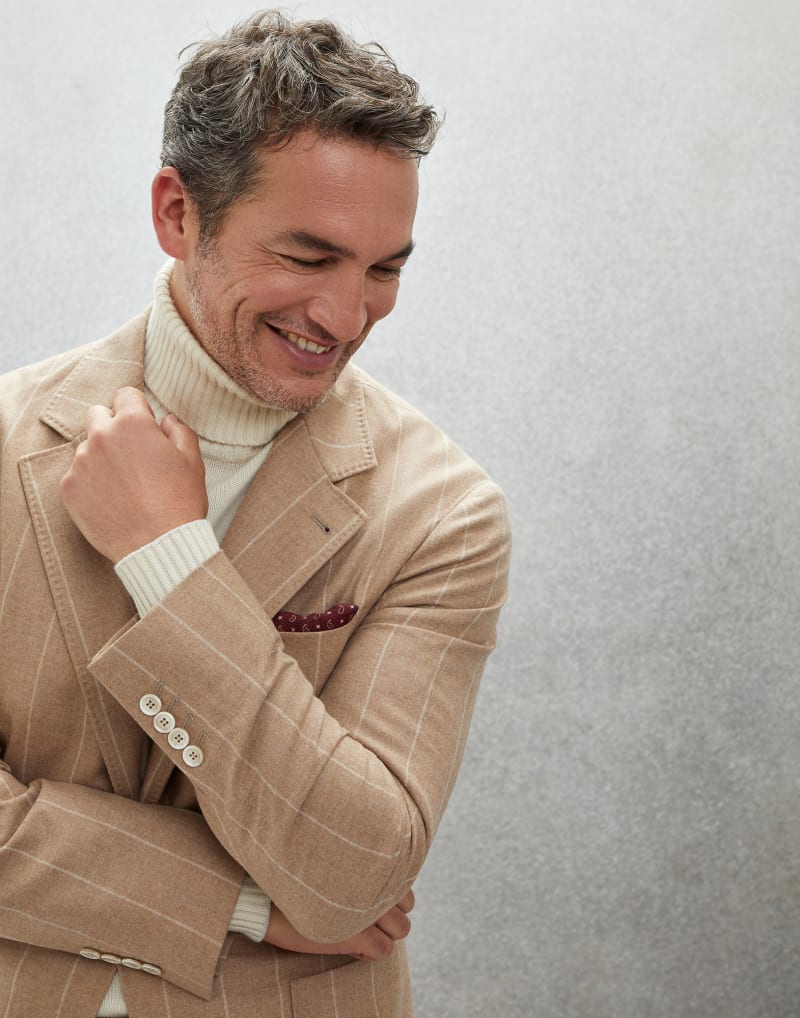 BRUNELLO CUCINELLI MEN'S CAMEL WOOL SILK BLAZER