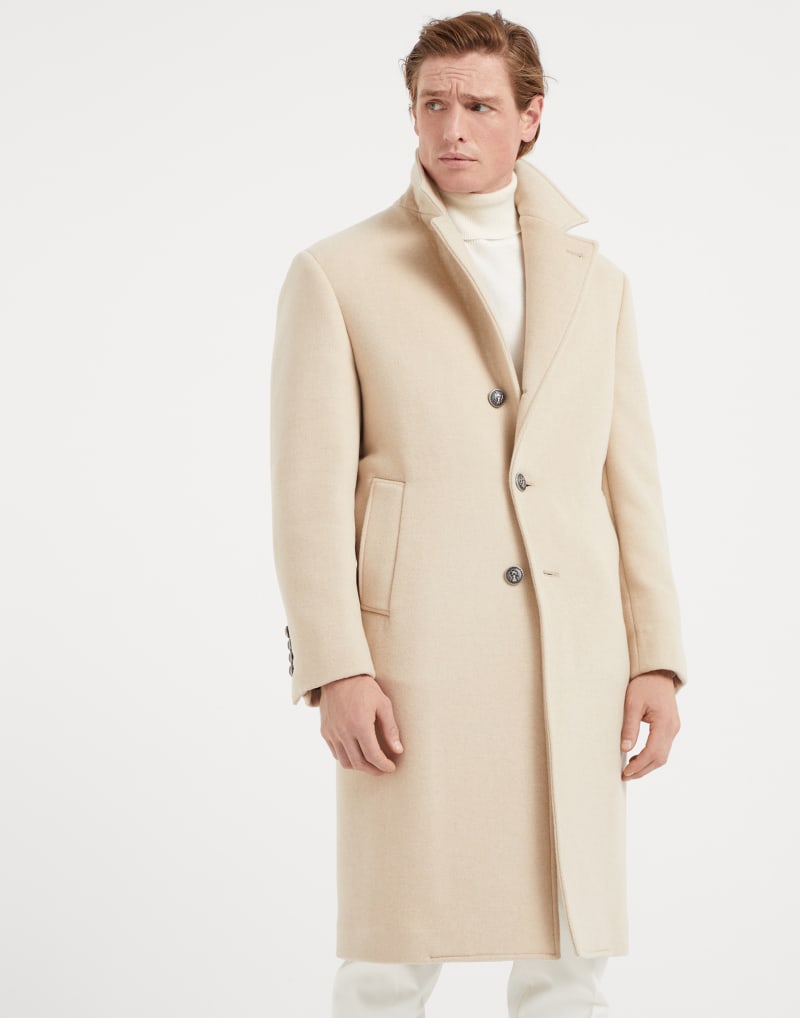BRUNELLO CUCINELLI MEN'S LIGHT BEIGE WOOL OVERCOAT