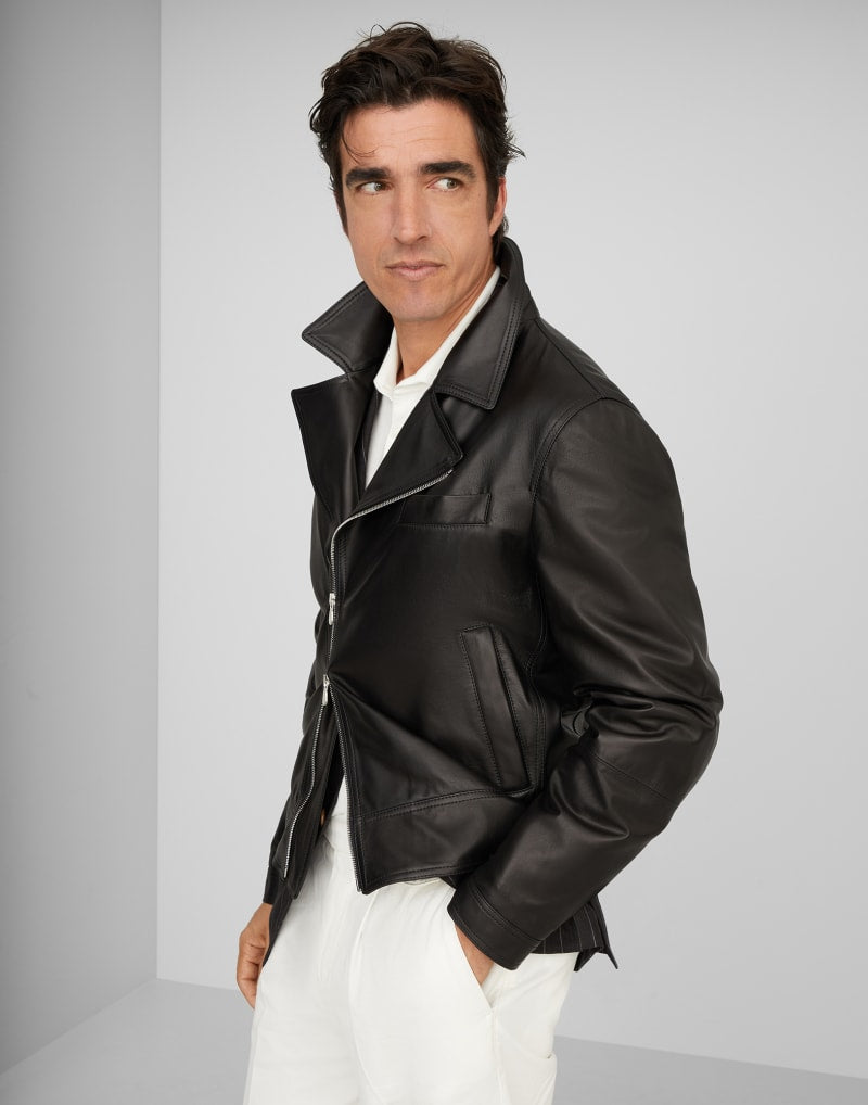BRUNELLO CUCINELLI MEN'S BLACK LEATHER BIKER JACKET