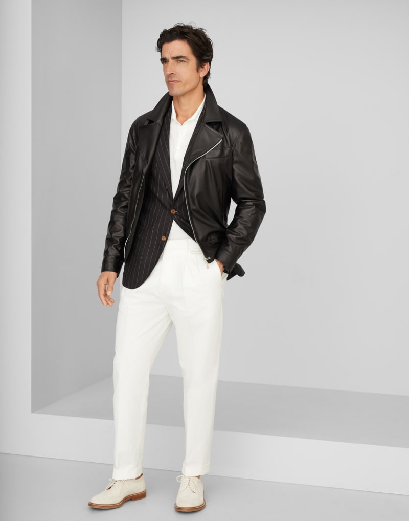 BRUNELLO CUCINELLI MEN'S BLACK LEATHER BIKER JACKET