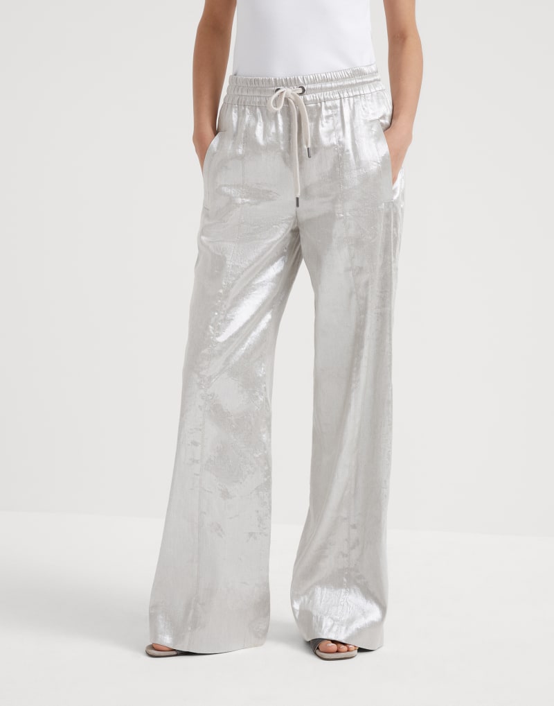 BRUNELLO CUCINELLI WOMEN'S SILVER LINEN WIDE LEG TROUSERS