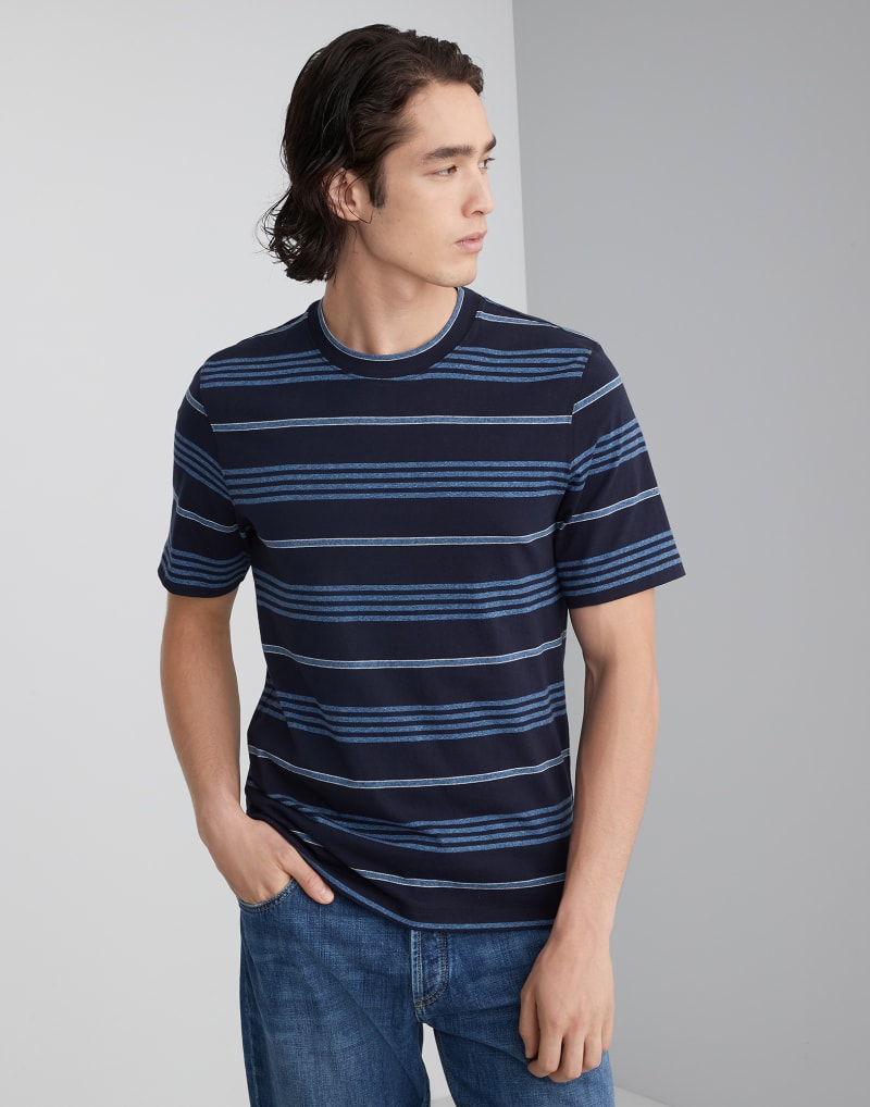 BRUNELLO CUCINELLI MEN'S NAVY STRIPED COTTON SHIRT