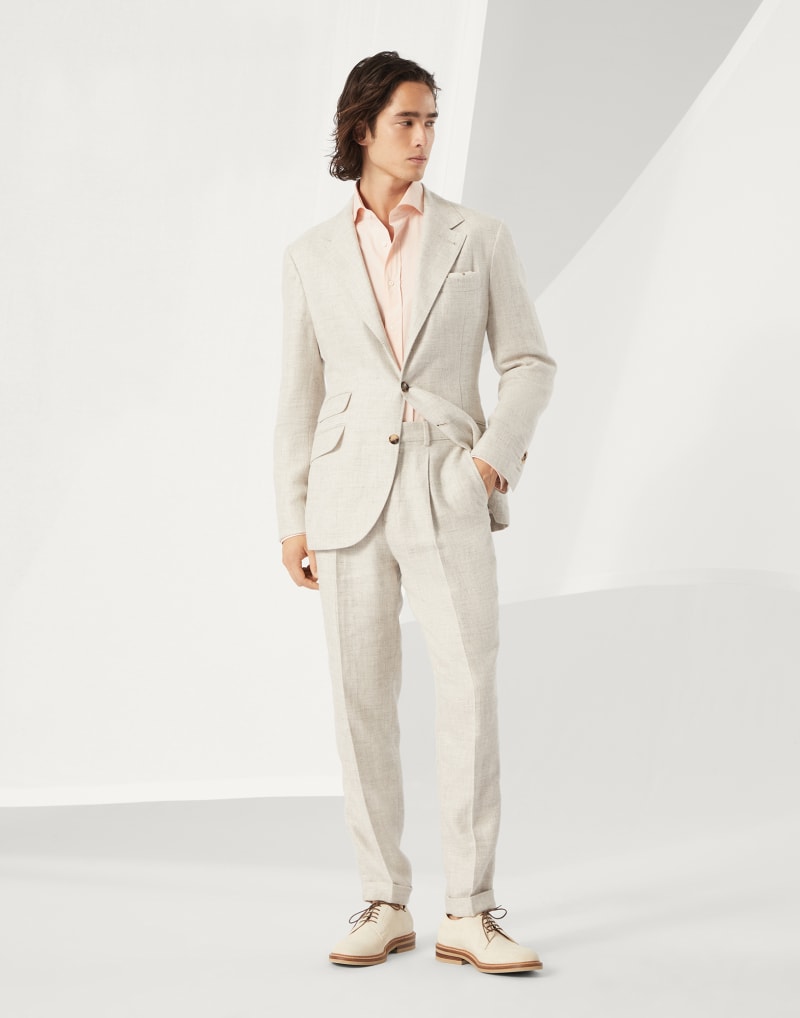 BRUNELLO CUCINELLI MEN'S LIGHT BEIGE LINEN WOOL TROUSERS
