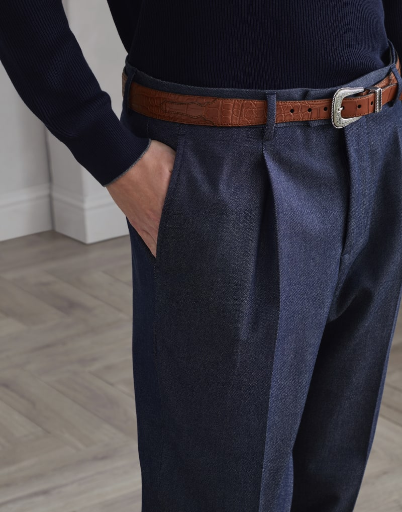BRUNELLO CUCINELLI MEN'S DARK BLUE WOOL BLEND TROUSERS