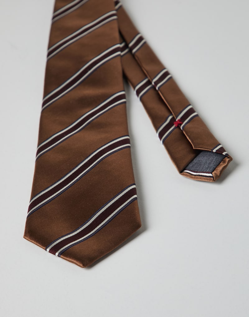 BRUNELLO CUCINELLI MEN'S BROWN STRIPED SILK TIE