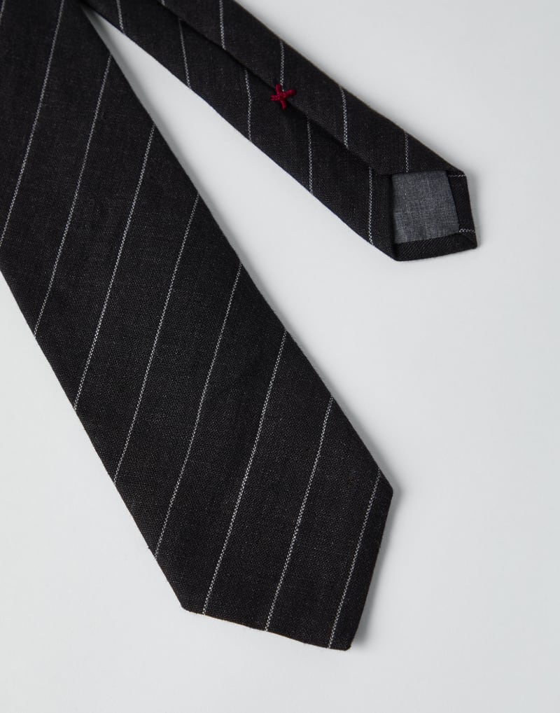 BRUNELLO CUCINELLI MEN'S BLACK LINEN STRIPED TIE