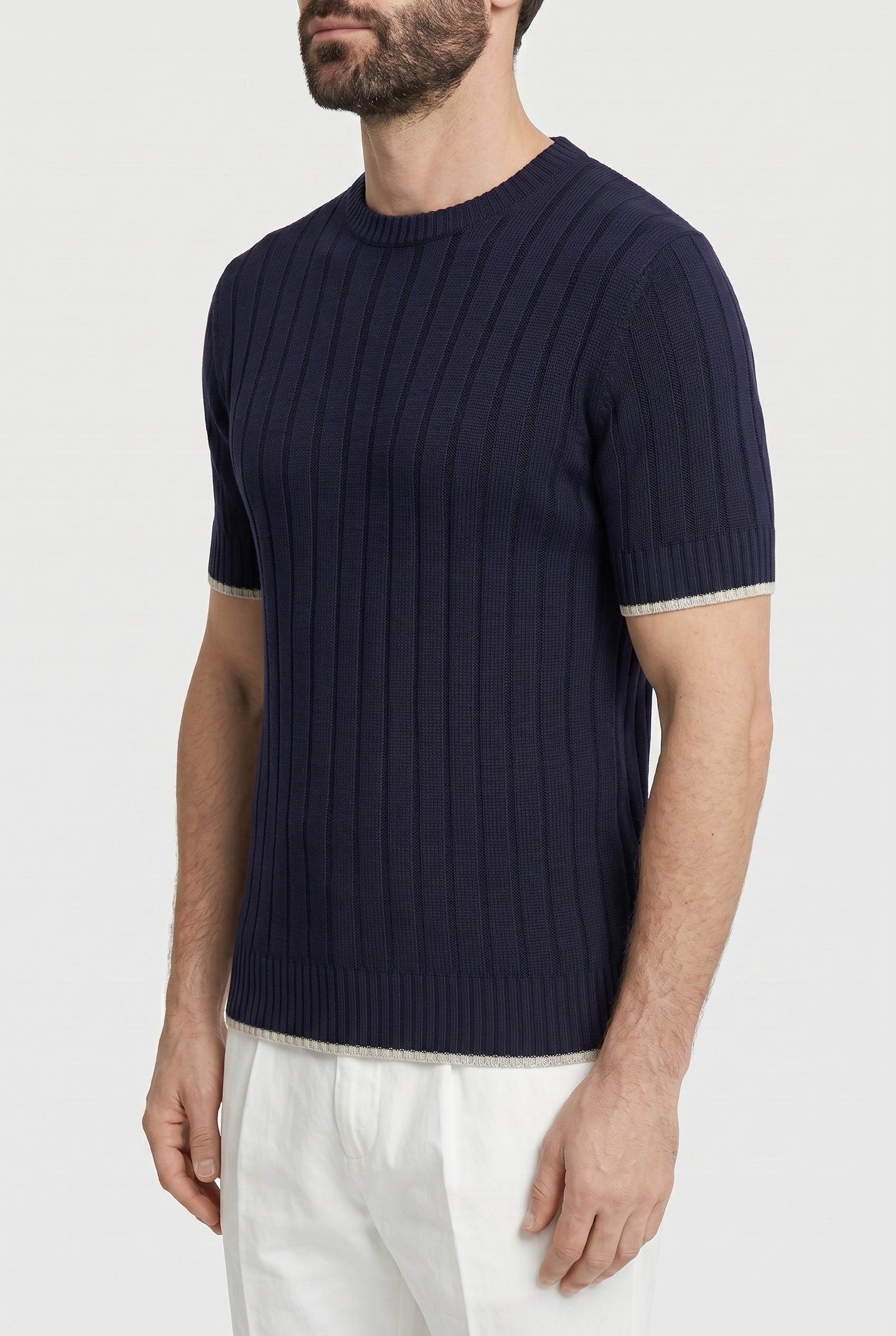 BRUNELLO CUCINELLI MEN'S NAVY LINEN COTTON SWEATER