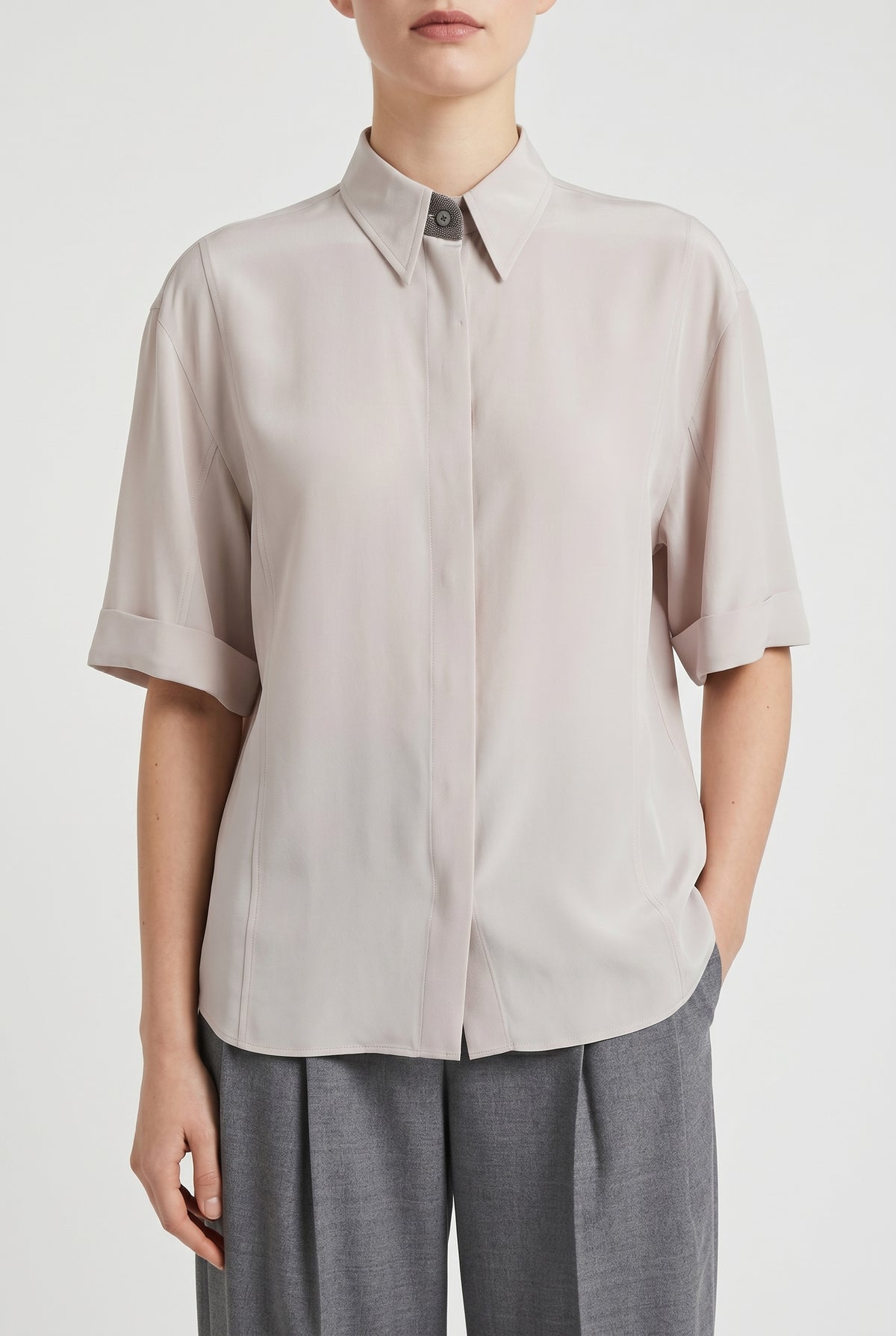 BRUNELLO CUCINELLI WOMEN'S LIGHT PINK SILK OVERSIZED SHIRT