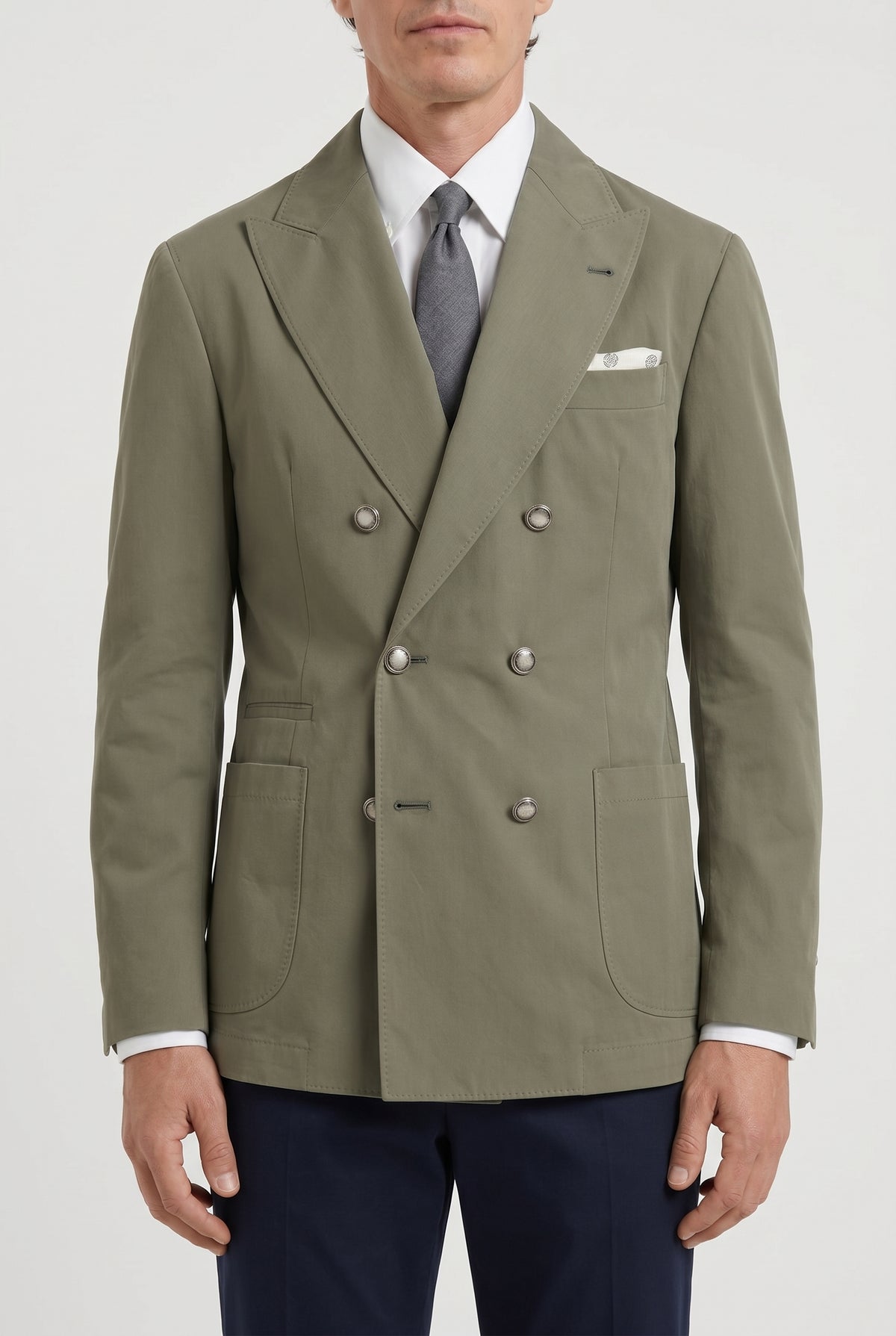 BRUNELLO CUCINELLI MEN'S OLIVE COTTON DOUBLE BREASTED BLAZER