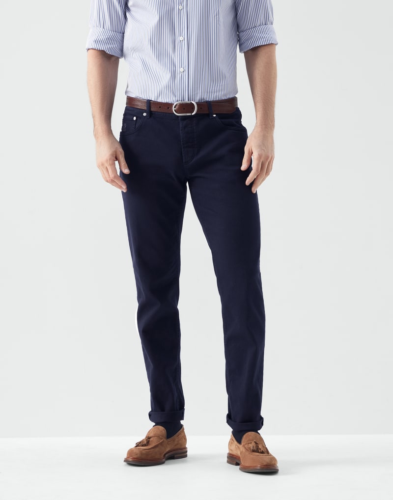 BRUNELLO CUCINELLI MEN'S DARK BLUE COTTON SLIM TROUSERS
