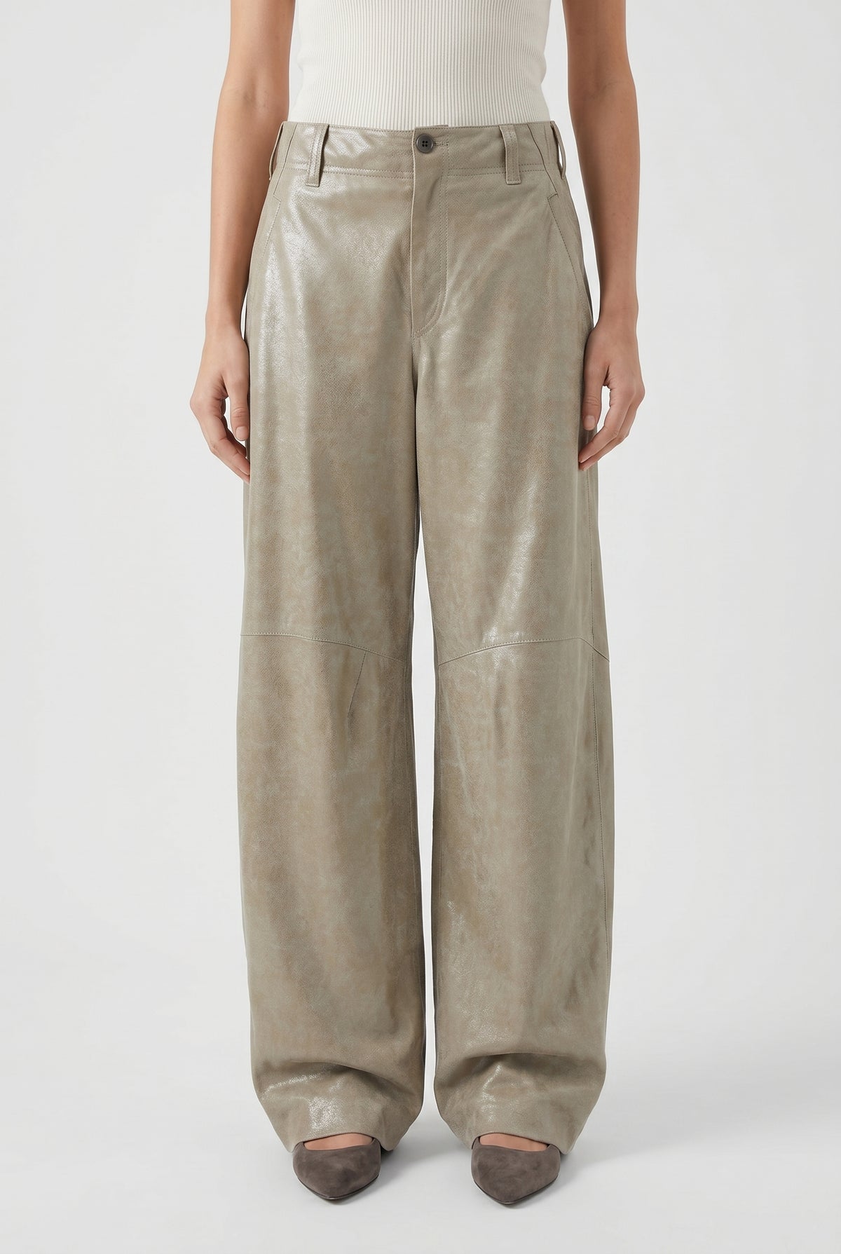 BRUNELLO CUCINELLI WOMEN'S LIGHT KHAKI LEATHER TROUSERS