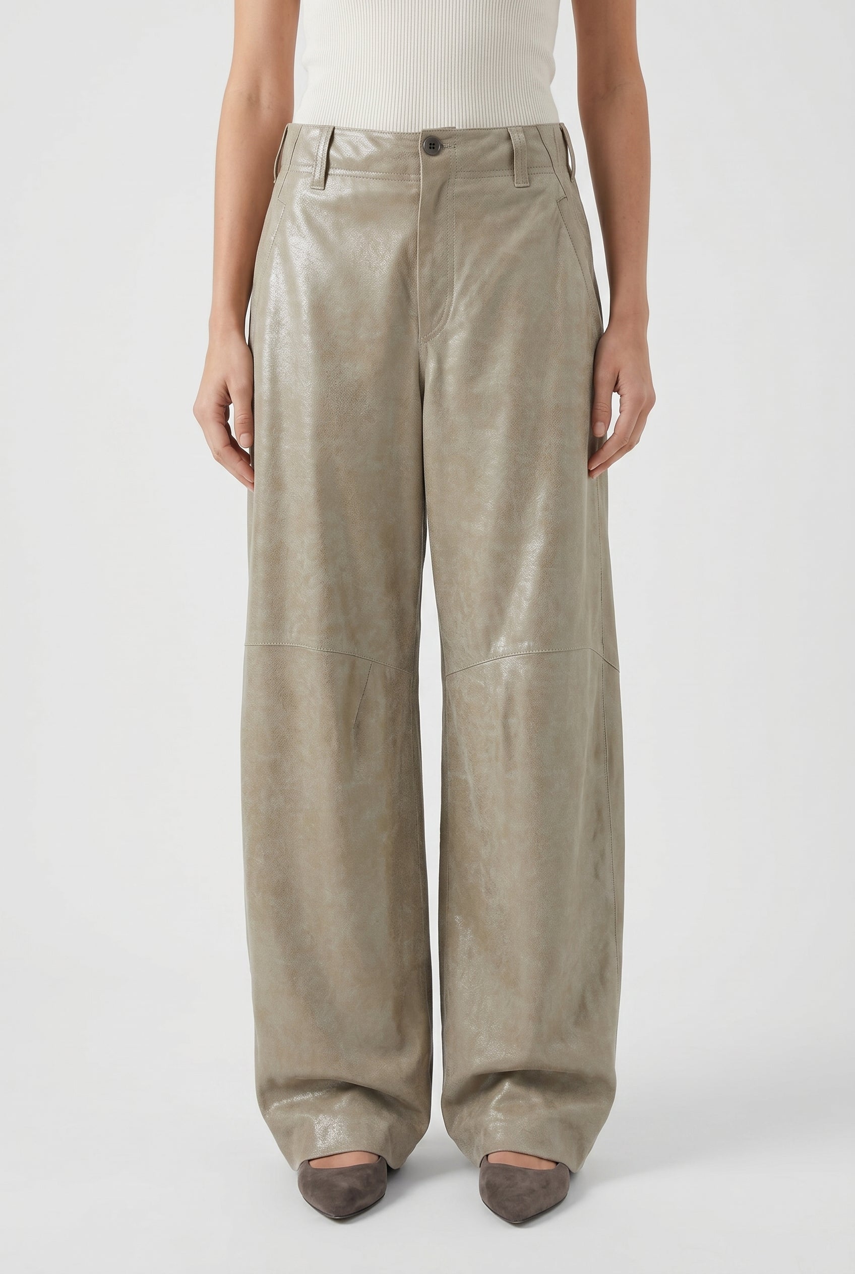 BRUNELLO CUCINELLI WOMEN'S LIGHT KHAKI LEATHER TROUSERS