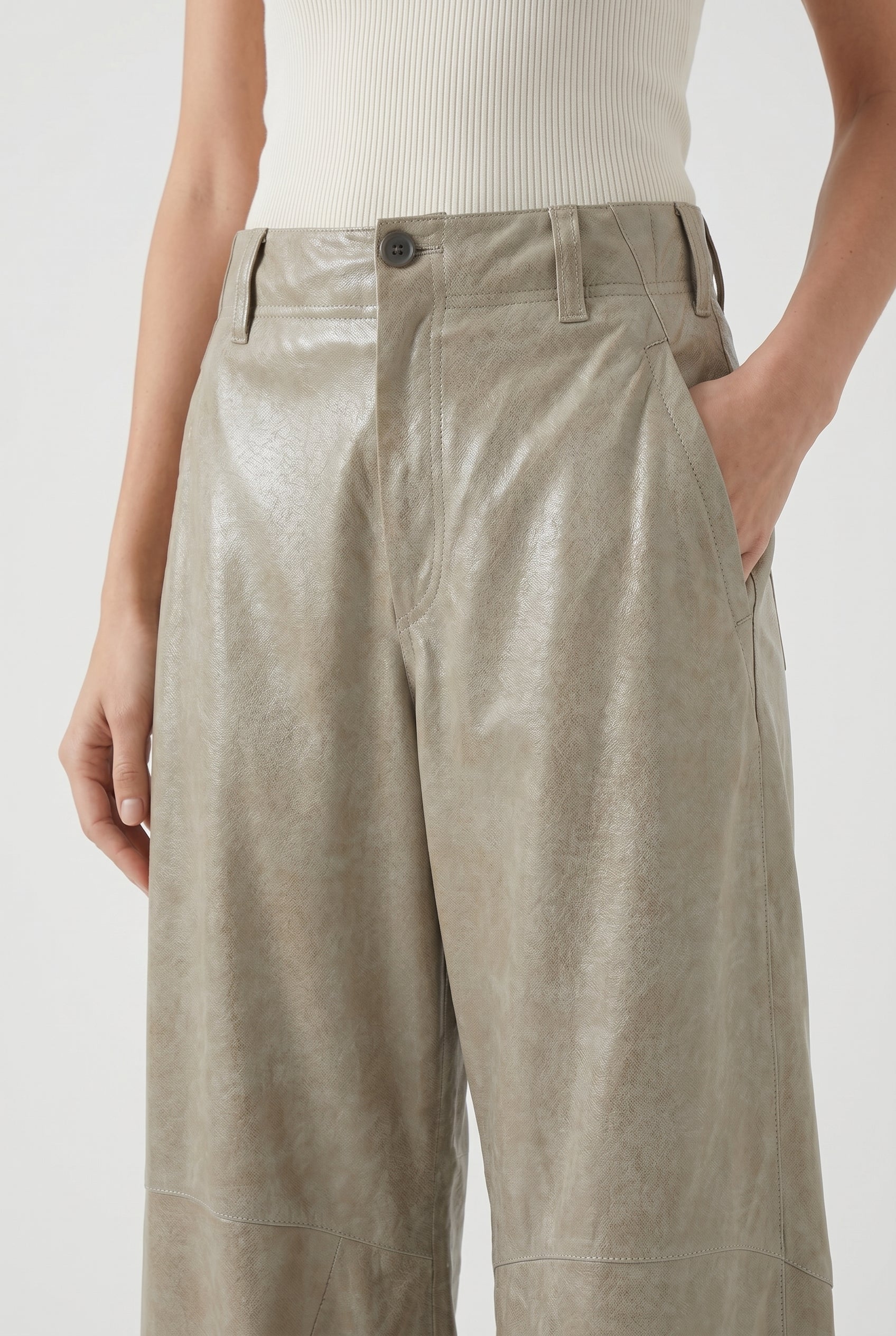 BRUNELLO CUCINELLI WOMEN'S LIGHT KHAKI LEATHER TROUSERS