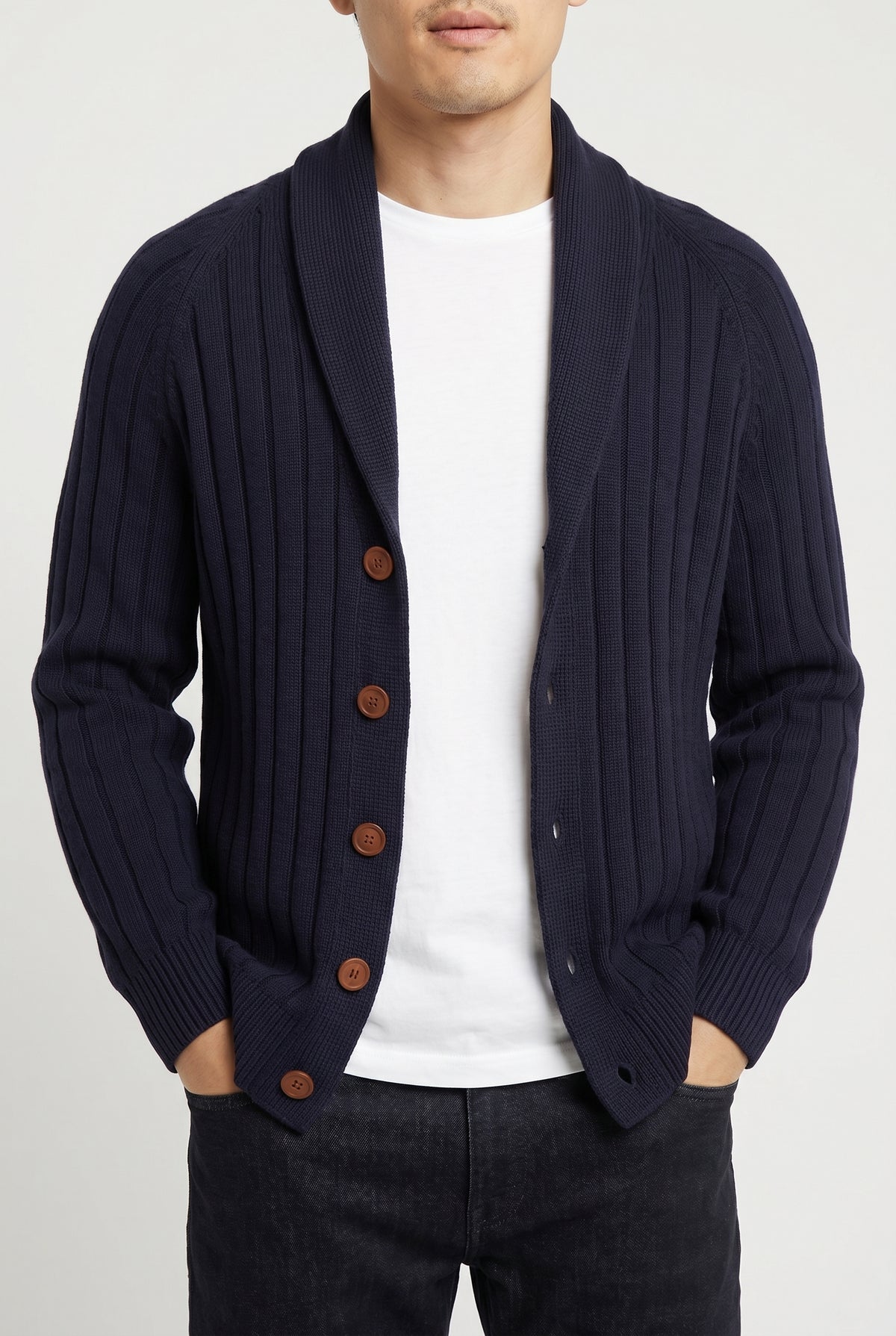BRUNELLO CUCINELLI MEN'S DARK BLUE RIBBED CARDIGAN
