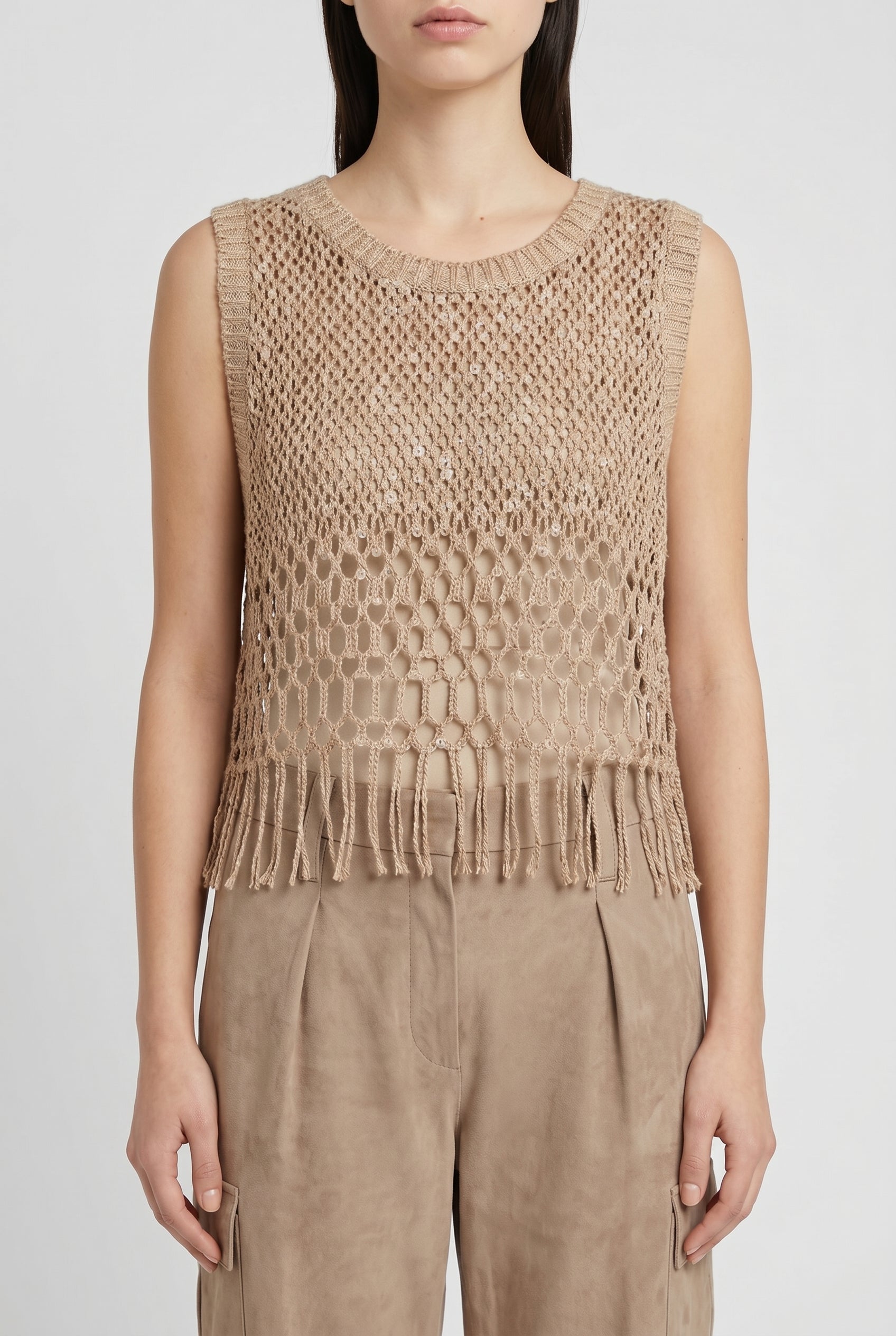 BRUNELLO CUCINELLI WOMEN'S BEIGE LINEN SLEEVELESS SWEATER