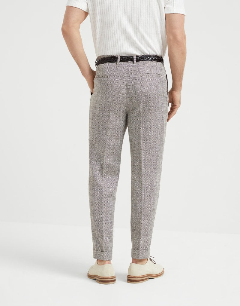 BRUNELLO CUCINELLI MEN'S LIGHT BROWN LINEN BLEND TROUSERS