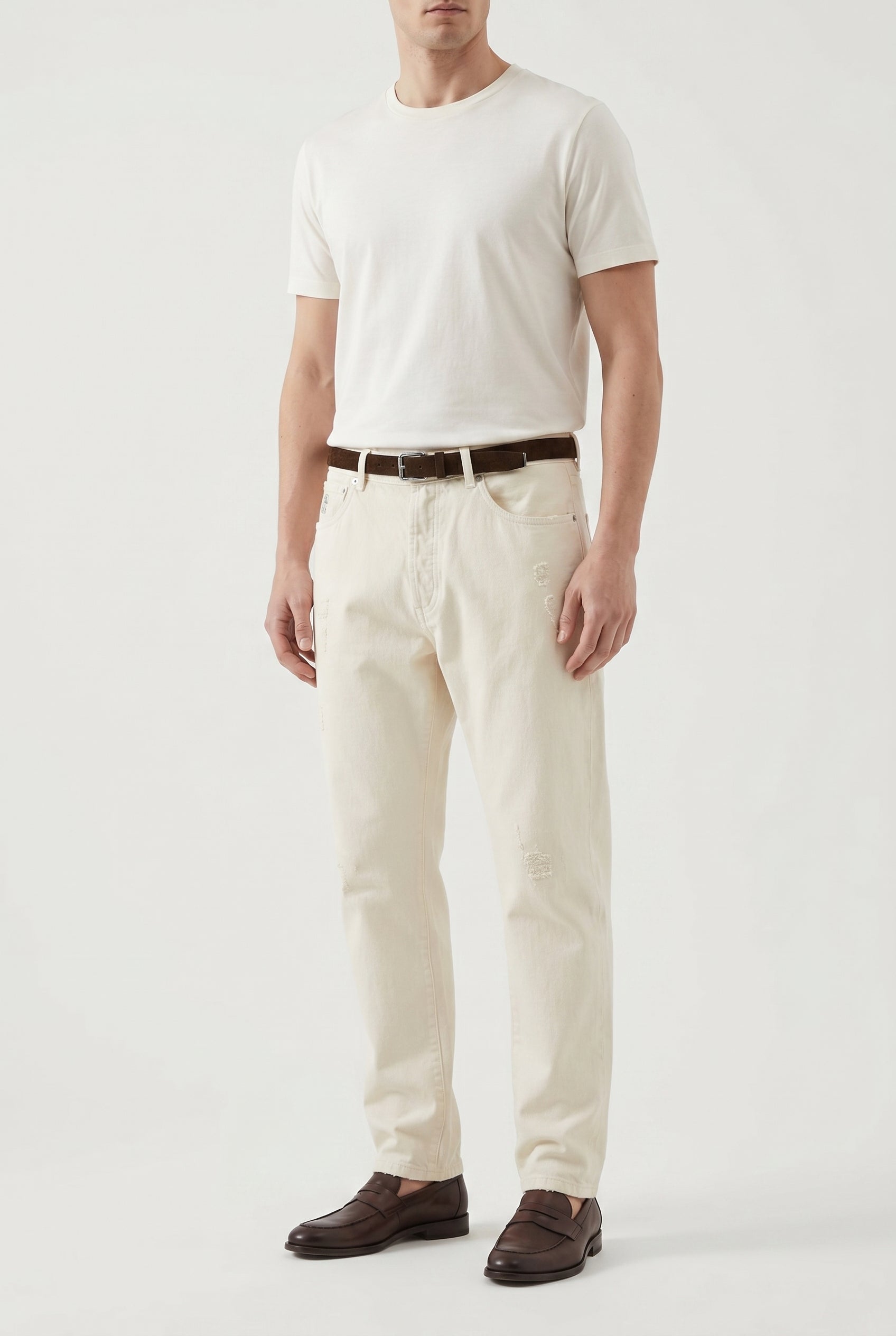 BRUNELLO CUCINELLI MEN'S OFF WHITE RELAXED COTTON TROUSERS
