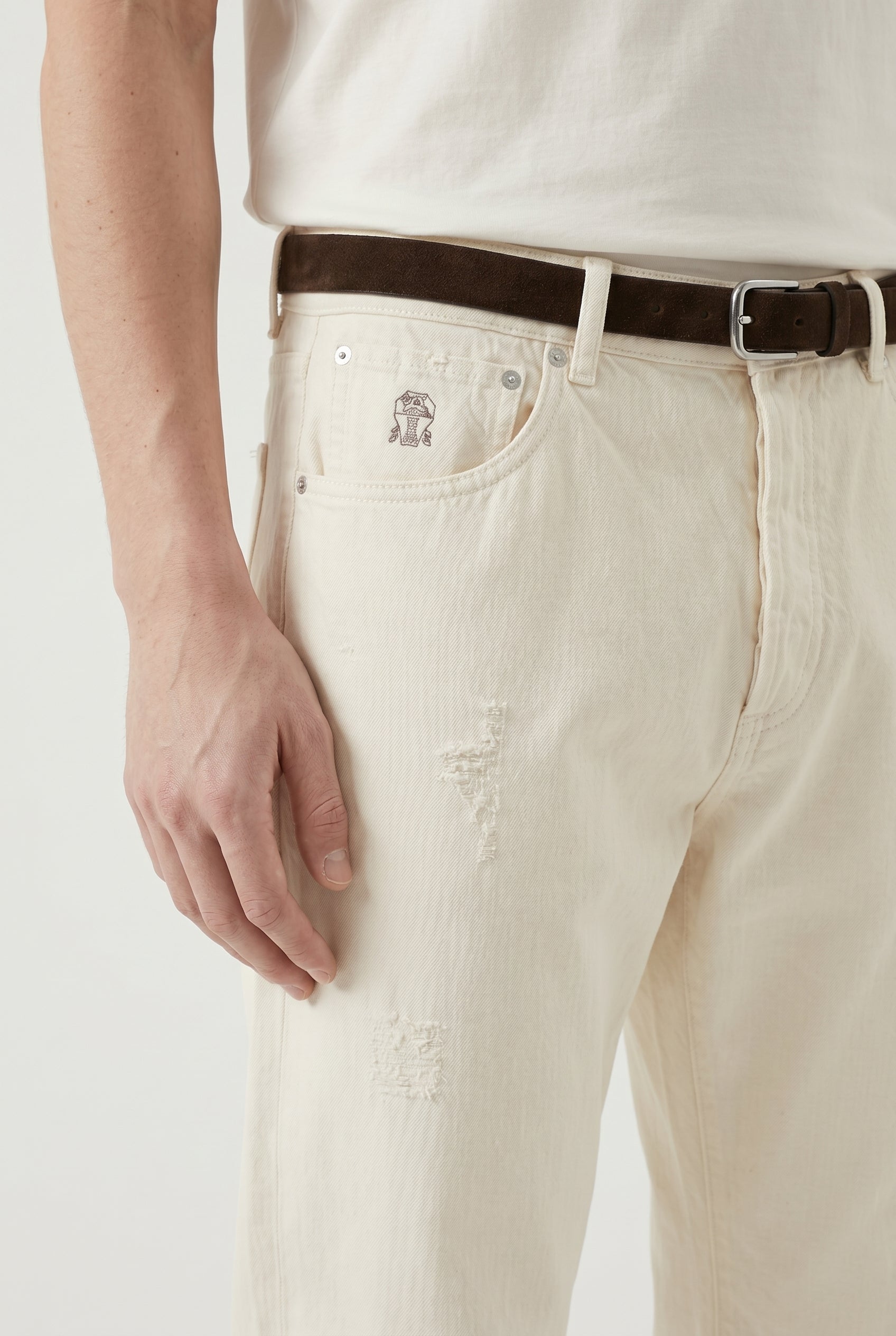 BRUNELLO CUCINELLI MEN'S OFF WHITE RELAXED COTTON TROUSERS
