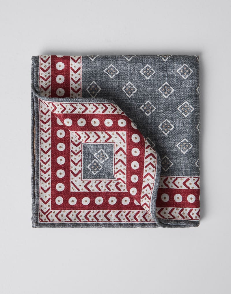 BRUNELLO CUCINELLI MEN'S GREY SILK PATTERNED POCKET SQUARE