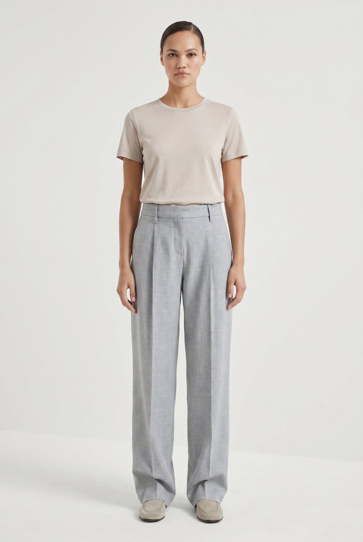 BRUNELLO CUCINELLI WOMEN'S LIGHT GREY LINEN WOOL TROUSERS