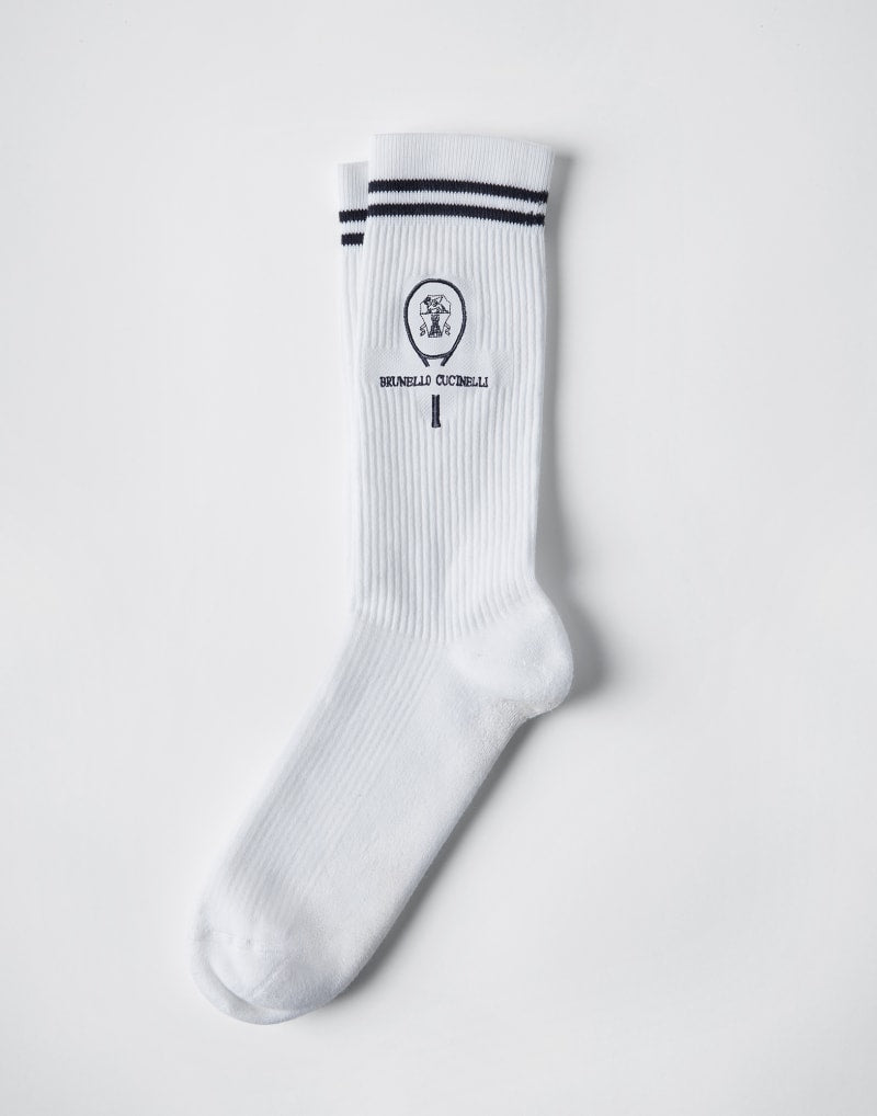 BRUNELLO CUCINELLI MEN'S WHITE RIBBED COTTON SOCKS
