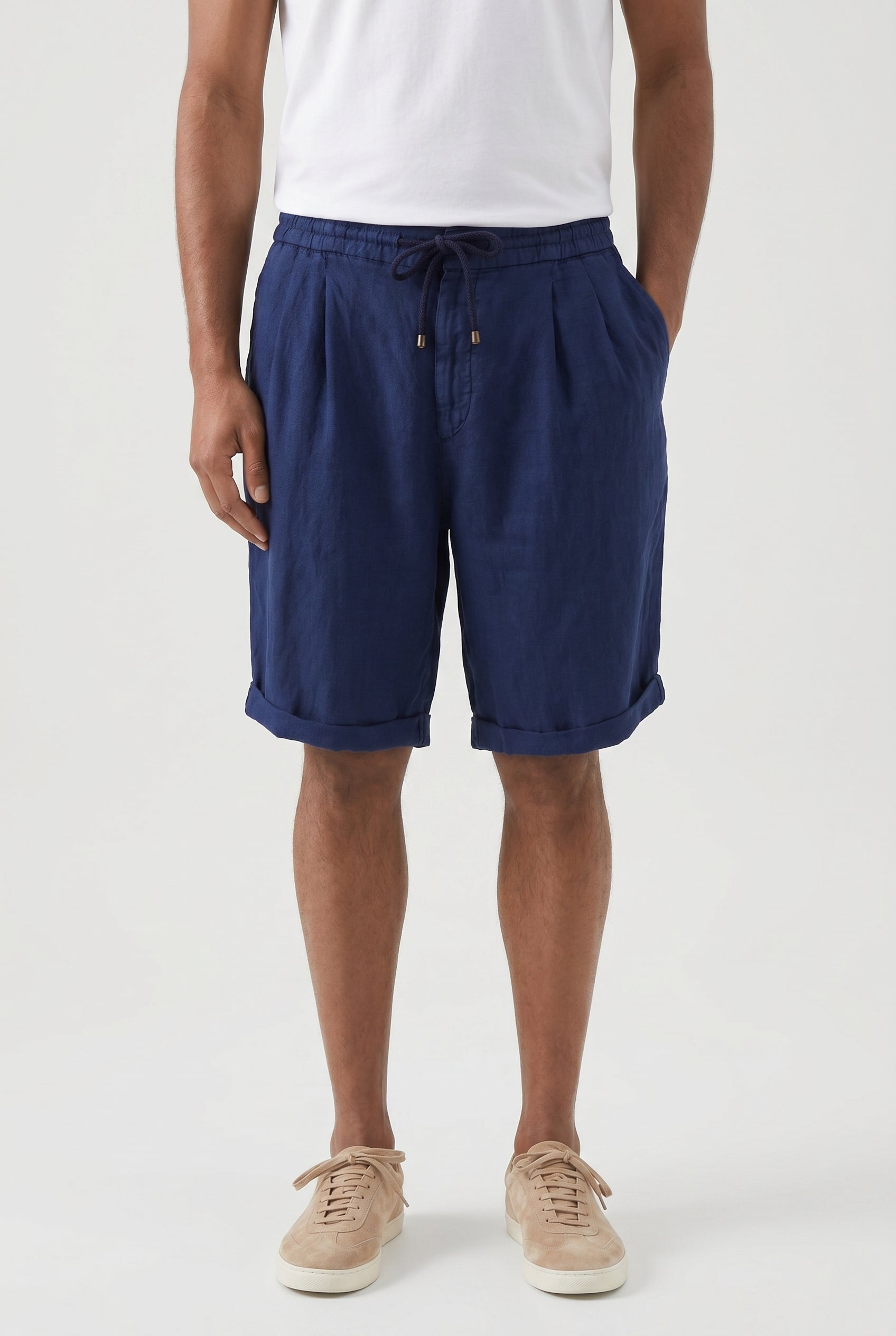 BRUNELLO CUCINELLI MEN'S NAVY LINEN RELAXED SHORTS