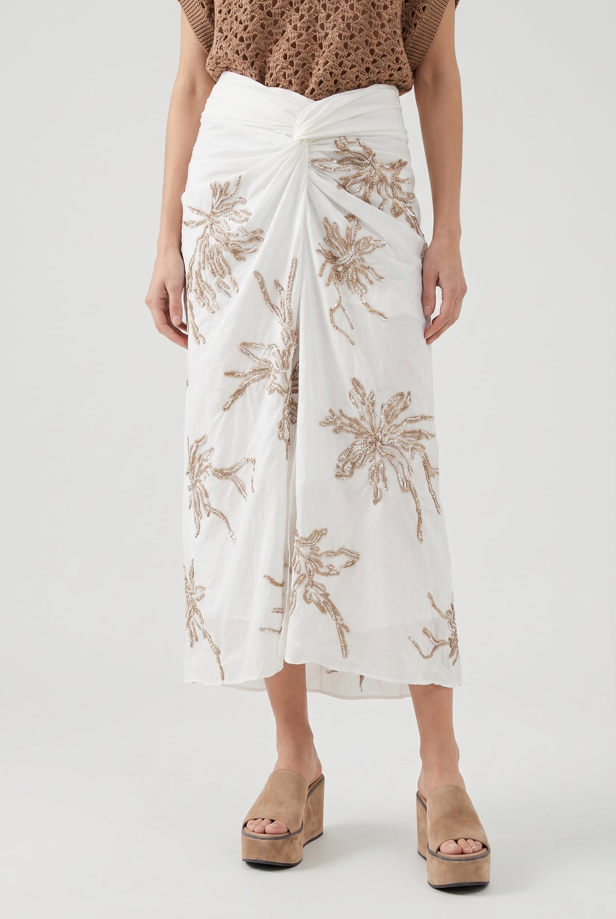 BRUNELLO CUCINELLI WOMEN'S WHITE EMBROIDERED MIDI SKIRT