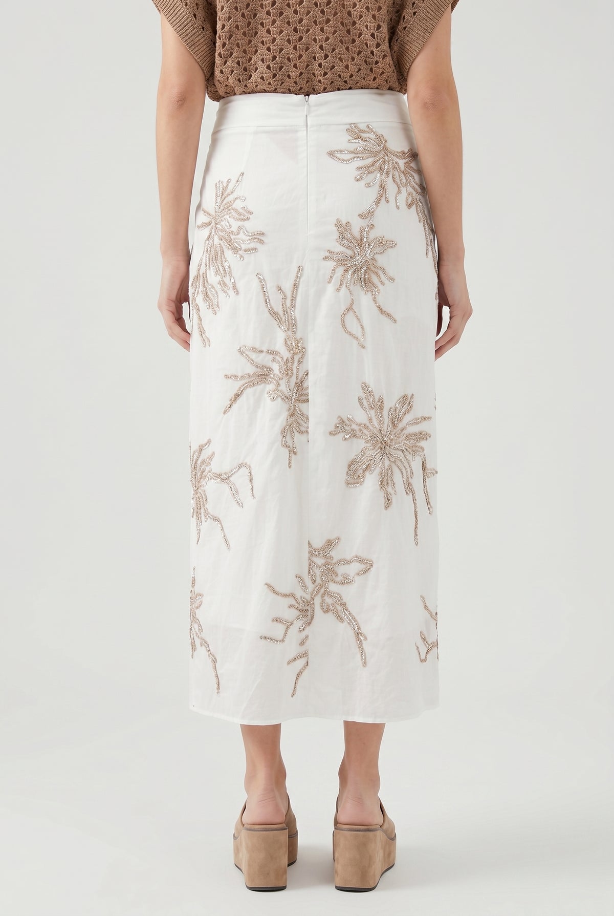 BRUNELLO CUCINELLI WOMEN'S WHITE EMBROIDERED MIDI SKIRT