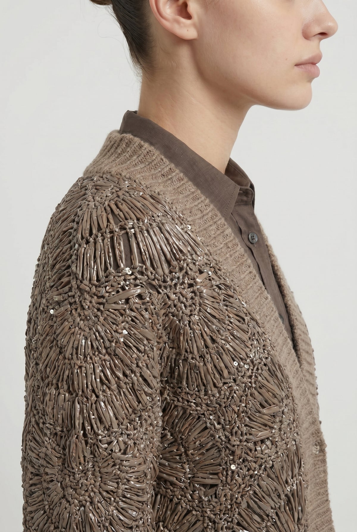 BRUNELLO CUCINELLI WOMEN'S TAUPE OPEN KNIT SWEATER