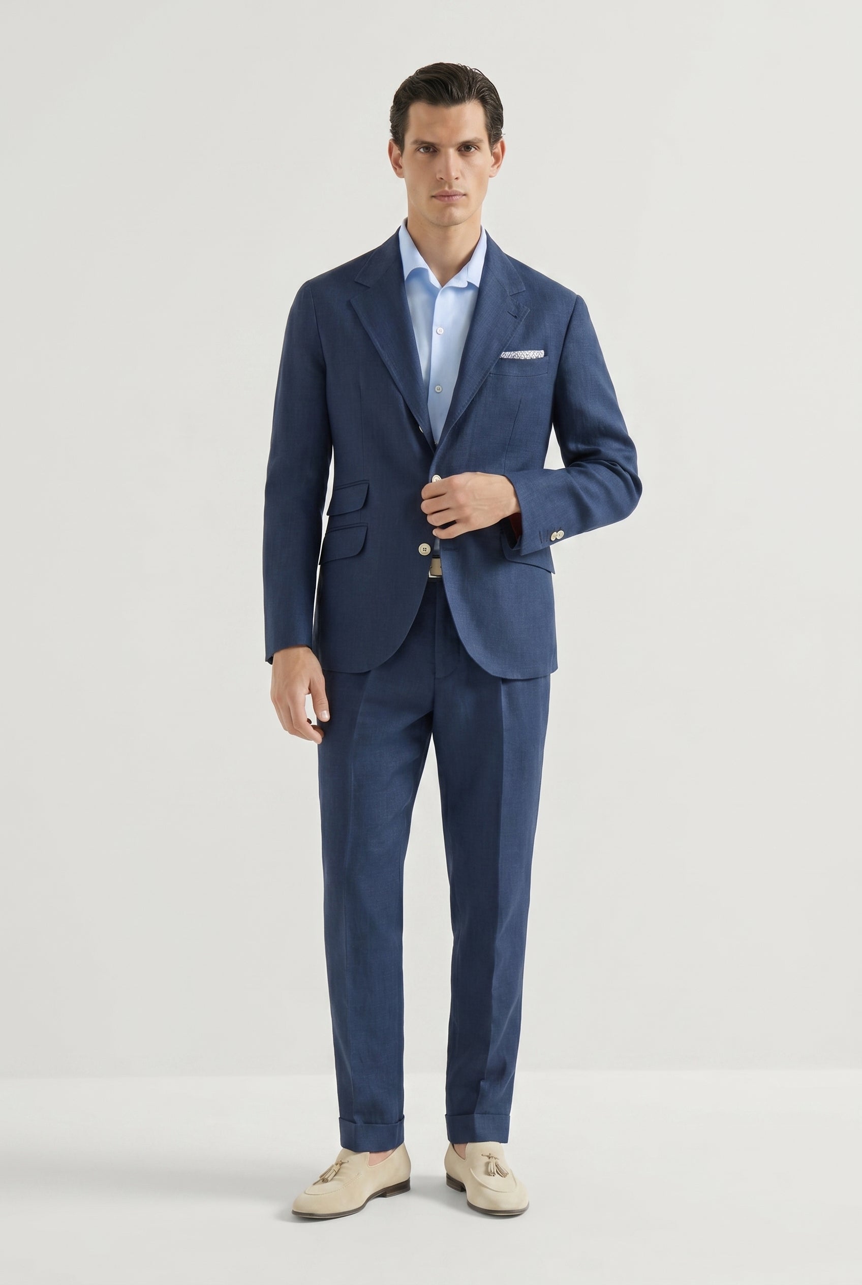 BRUNELLO CUCINELLI MEN'S NAVY LINEN TAILORED SUIT