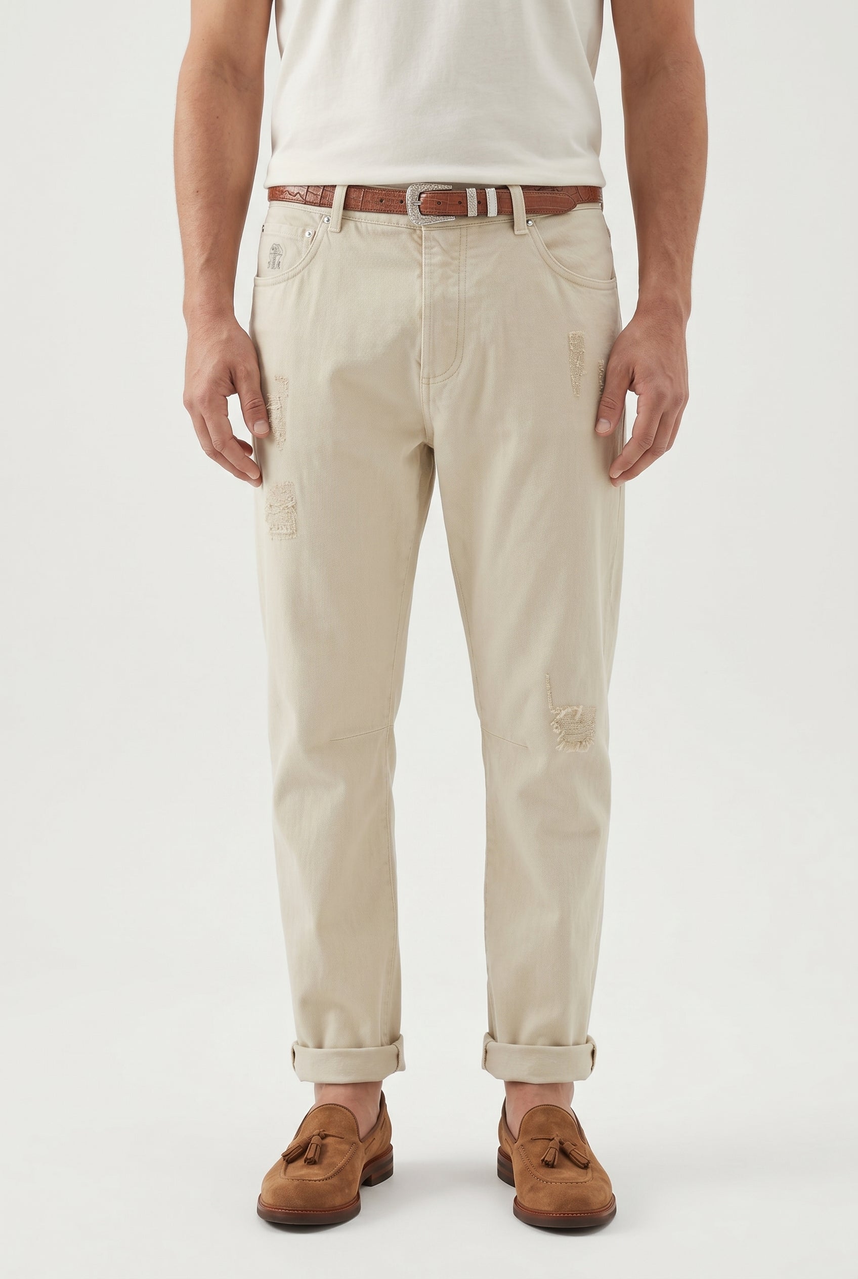 BRUNELLO CUCINELLI MEN'S BEIGE RELAXED COTTON TROUSERS