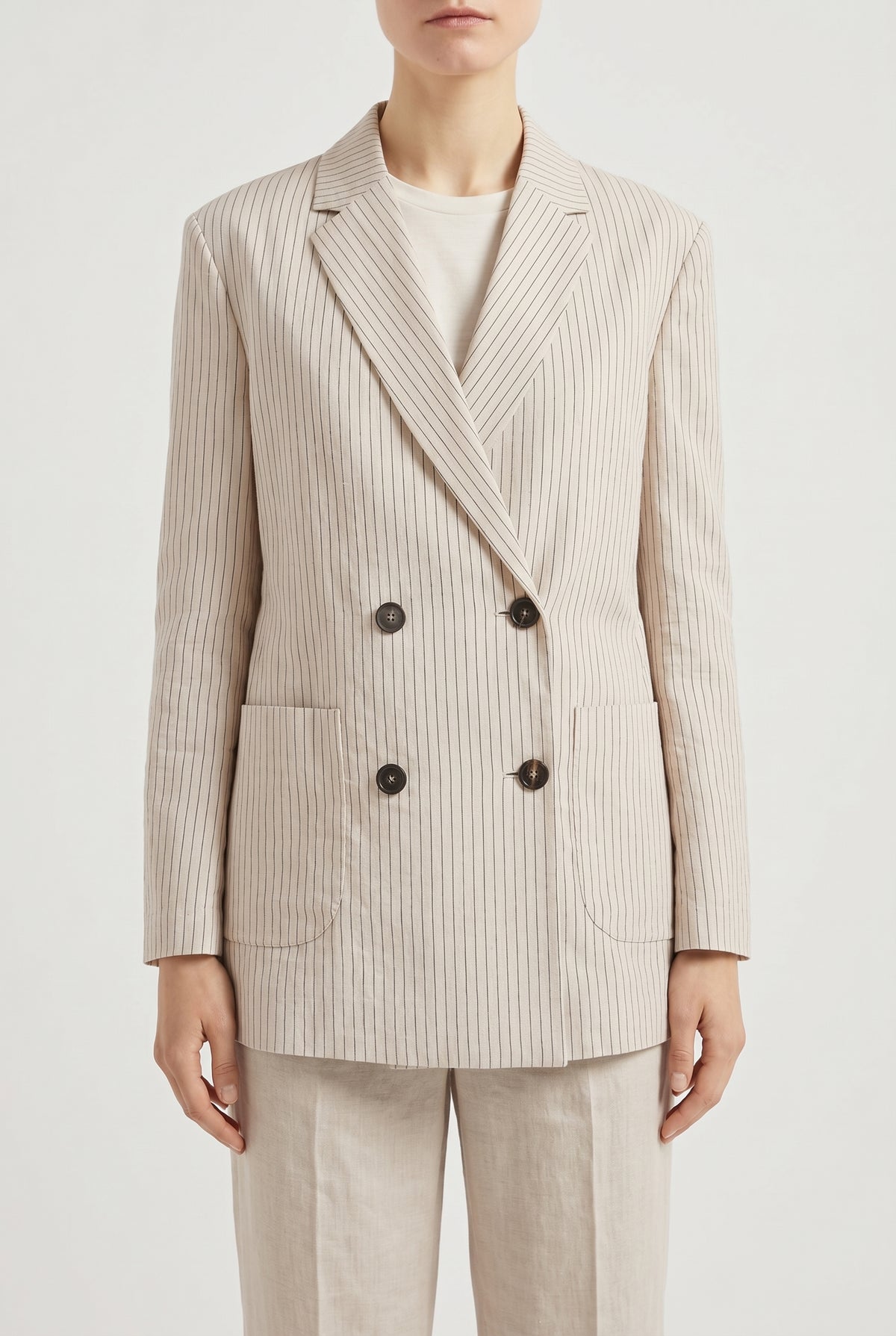 BRUNELLO CUCINELLI WOMEN'S BEIGE PINSTRIPE DOUBLE BREASTED BLAZER