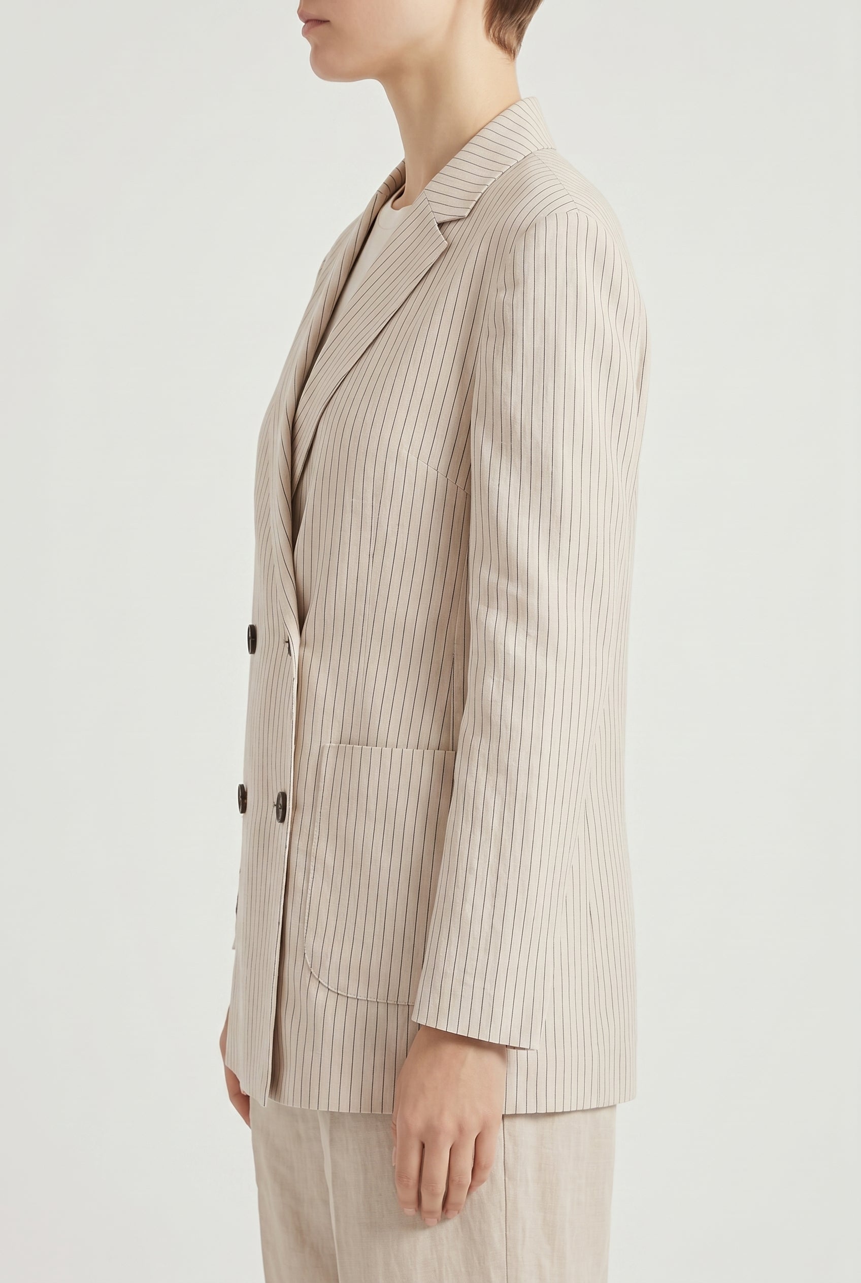 BRUNELLO CUCINELLI WOMEN'S BEIGE PINSTRIPE DOUBLE BREASTED BLAZER