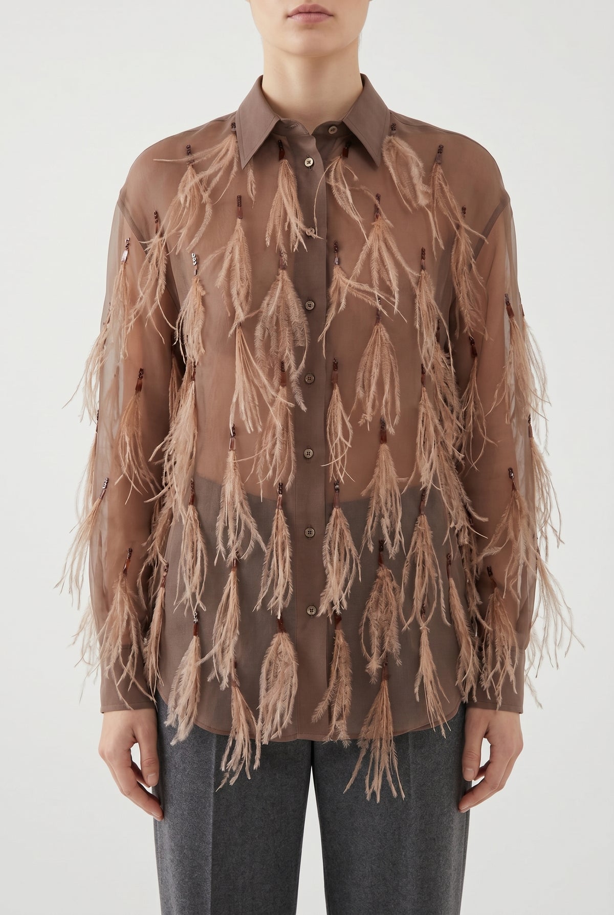 BRUNELLO CUCINELLI WOMEN'S BROWN SILK FEATHERED SHIRT