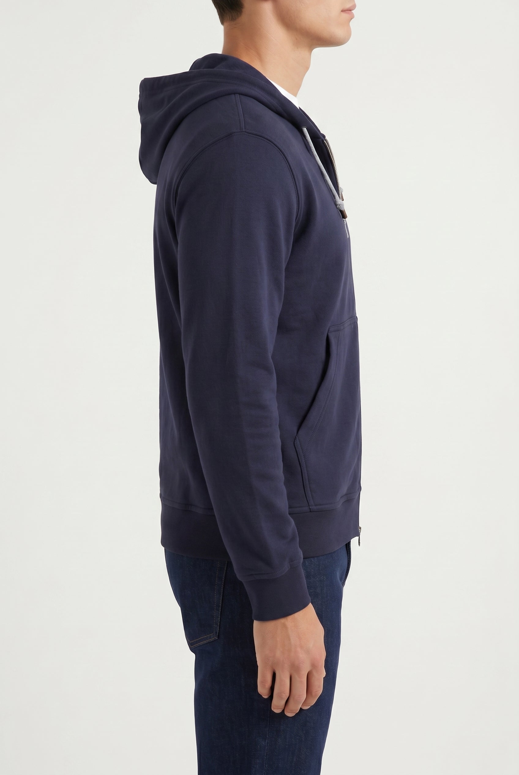 BRUNELLO CUCINELLI MEN'S DARK BLUE COTTON ZIP HOODIE