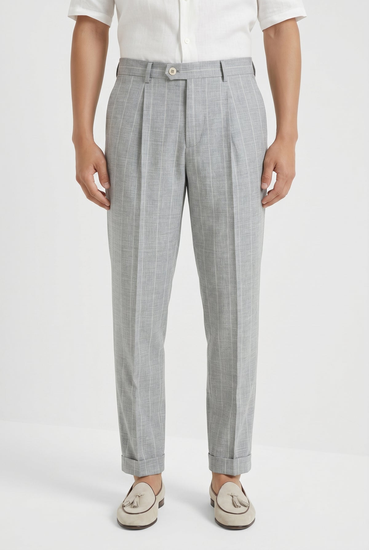 BRUNELLO CUCINELLI MEN'S LIGHT GREY WOOL PLEATED TROUSERS