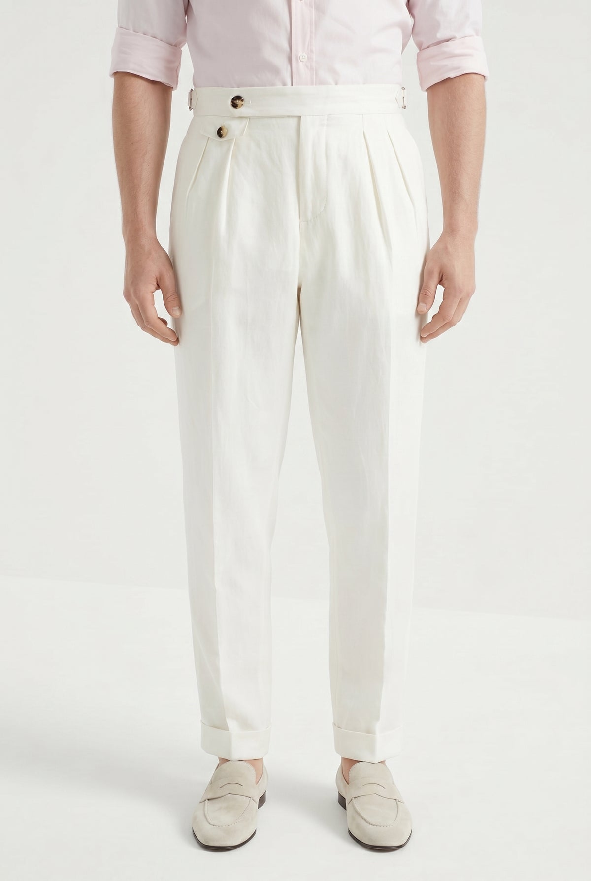 BRUNELLO CUCINELLI MEN'S OFF WHITE LINEN TAILORED TROUSERS
