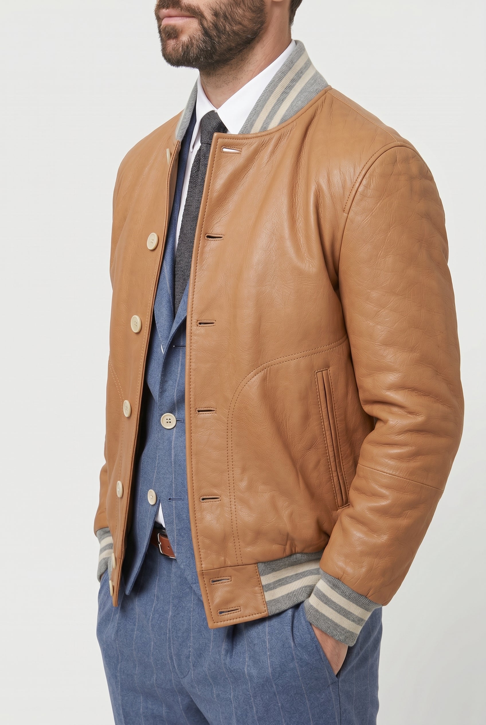 BRUNELLO CUCINELLI MEN'S BROWN LEATHER BOMBER JACKET