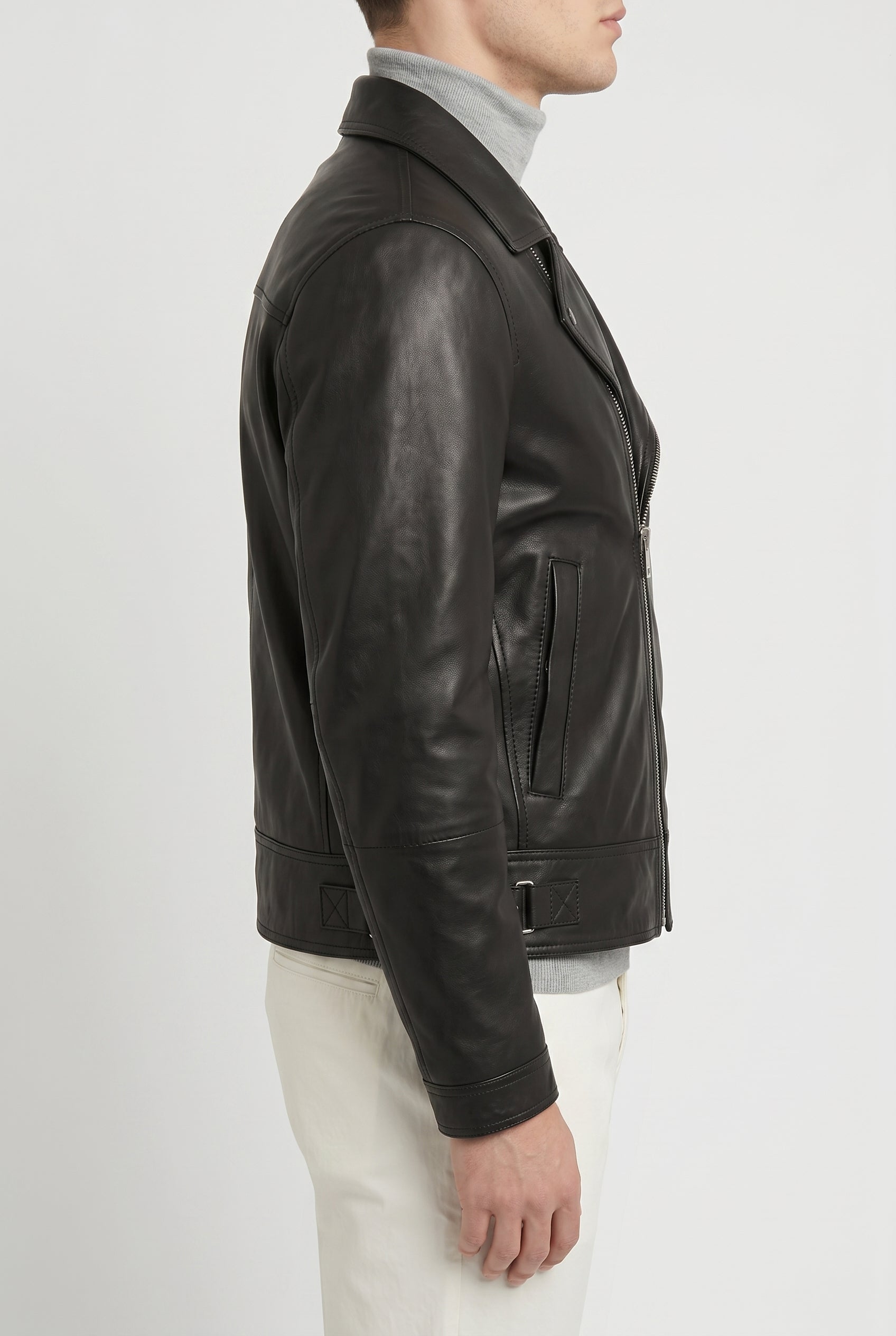 BRUNELLO CUCINELLI MEN'S BLACK LEATHER BIKER JACKET
