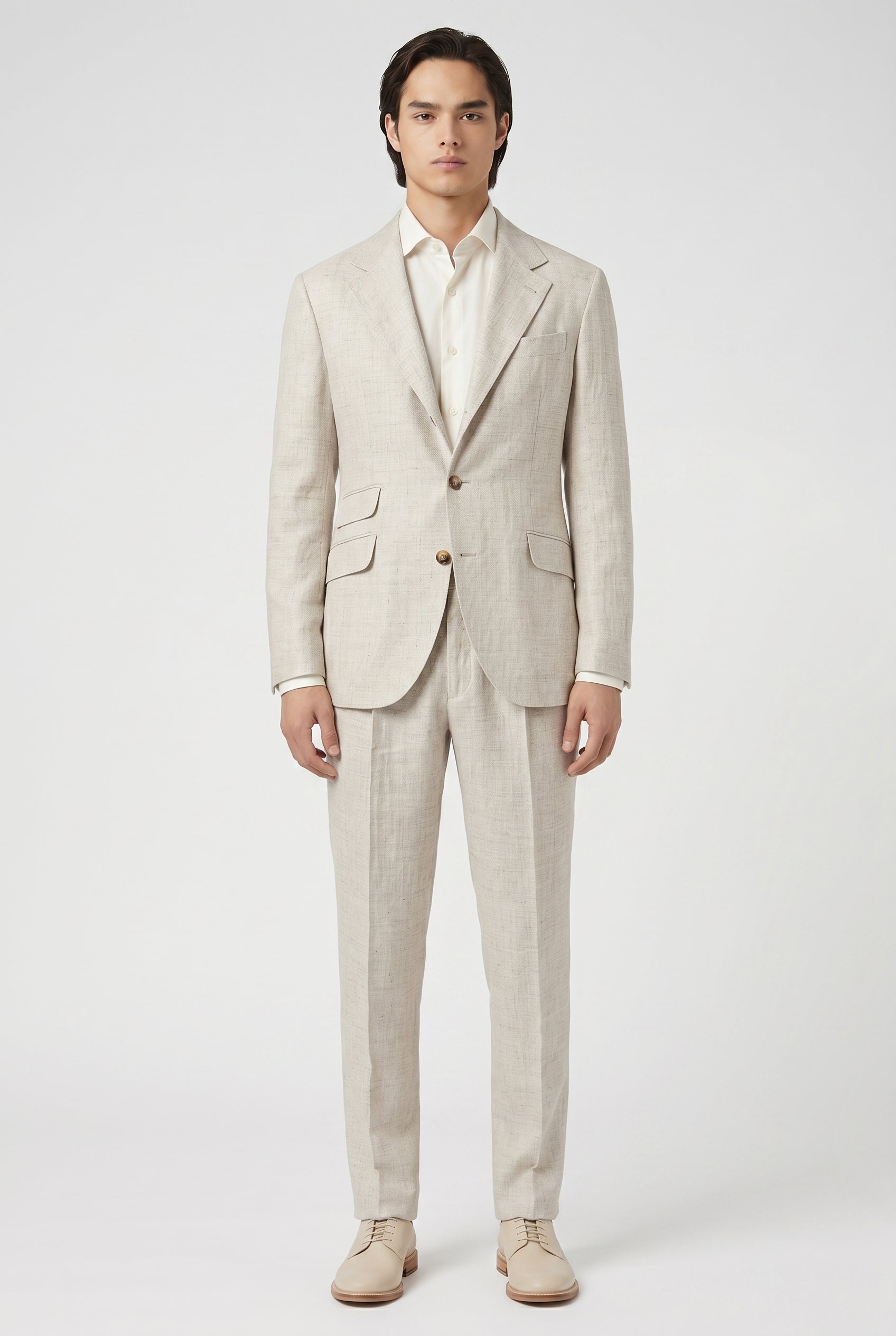 BRUNELLO CUCINELLI MEN'S LIGHT BEIGE LINEN WOOL SUIT