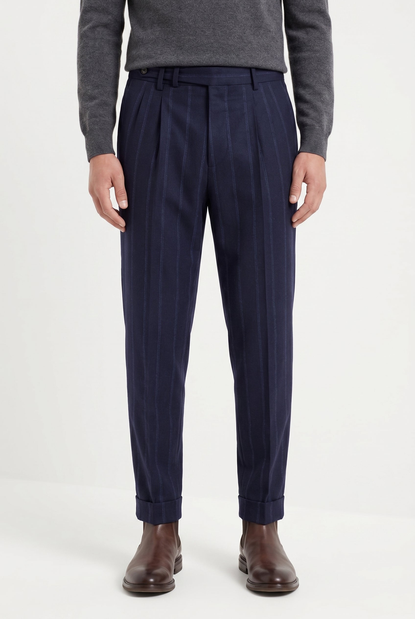 BRUNELLO CUCINELLI MEN'S NAVY WOOL TAILORED TROUSERS