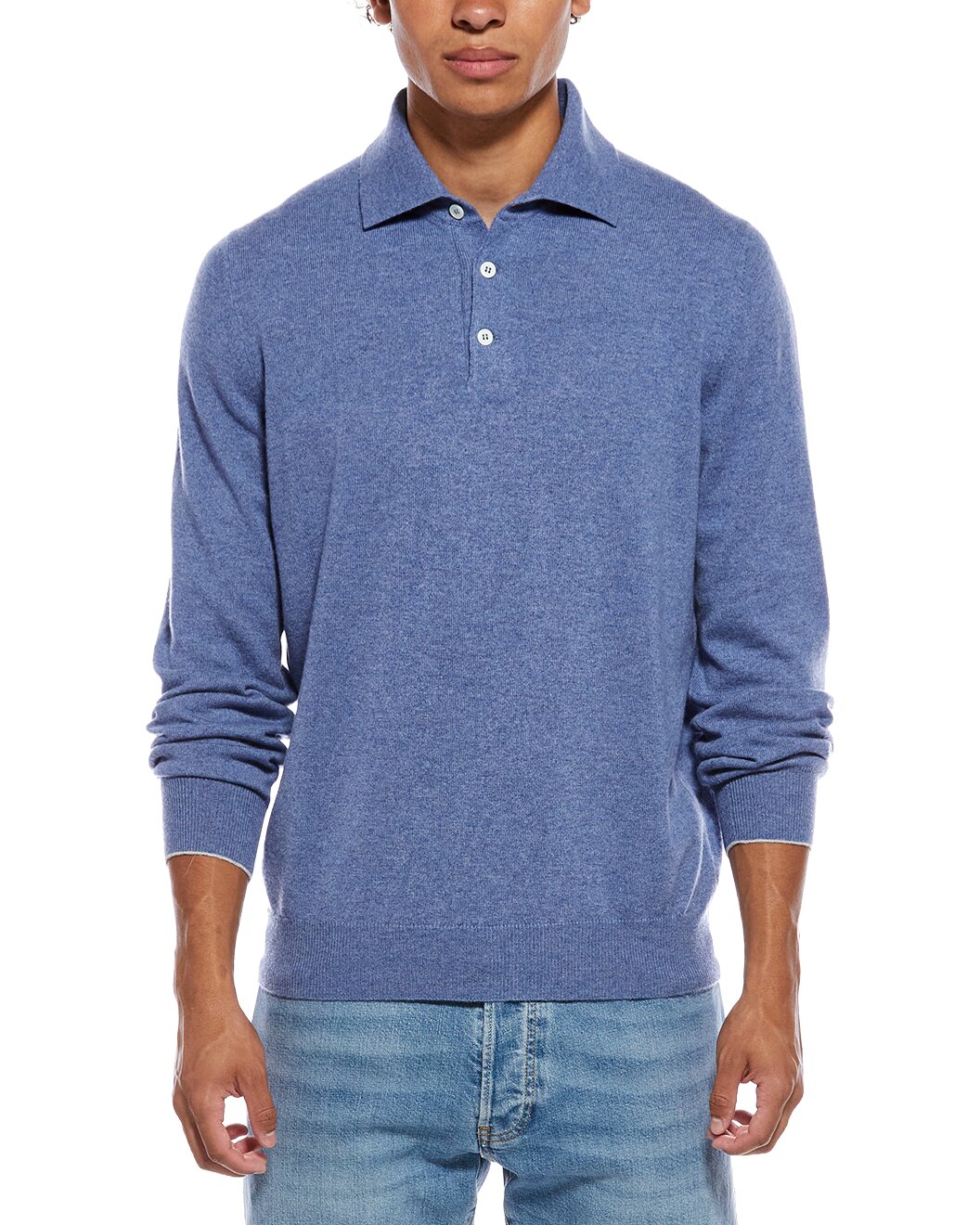 BRUNELLO CUCINELLI MEN'S BLUE WOOL POLO SWEATER