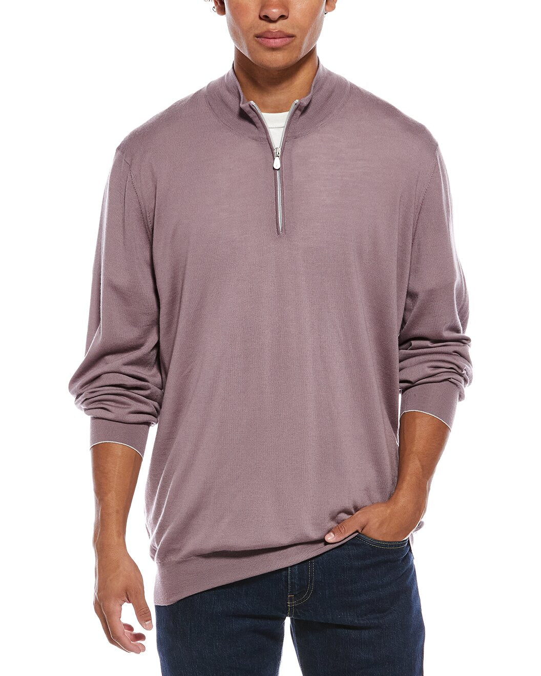 BRUNELLO CUCINELLI MEN'S MAUVE WOOL HALF ZIP SWEATER