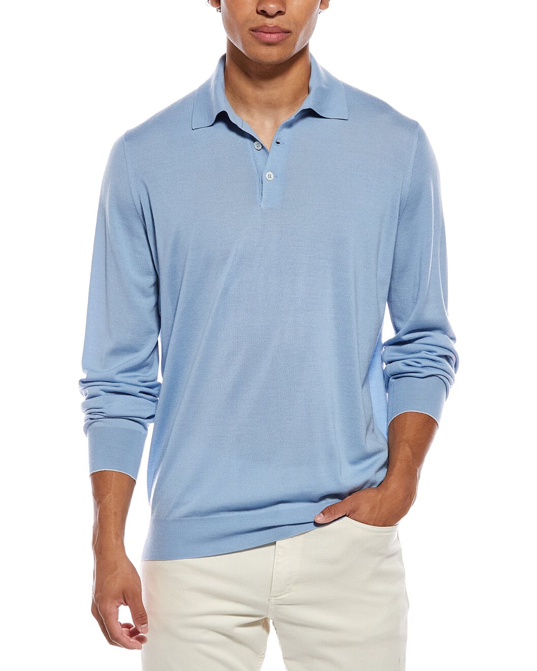 BRUNELLO CUCINELLI MEN'S LIGHT BLUE WOOL POLO SWEATER