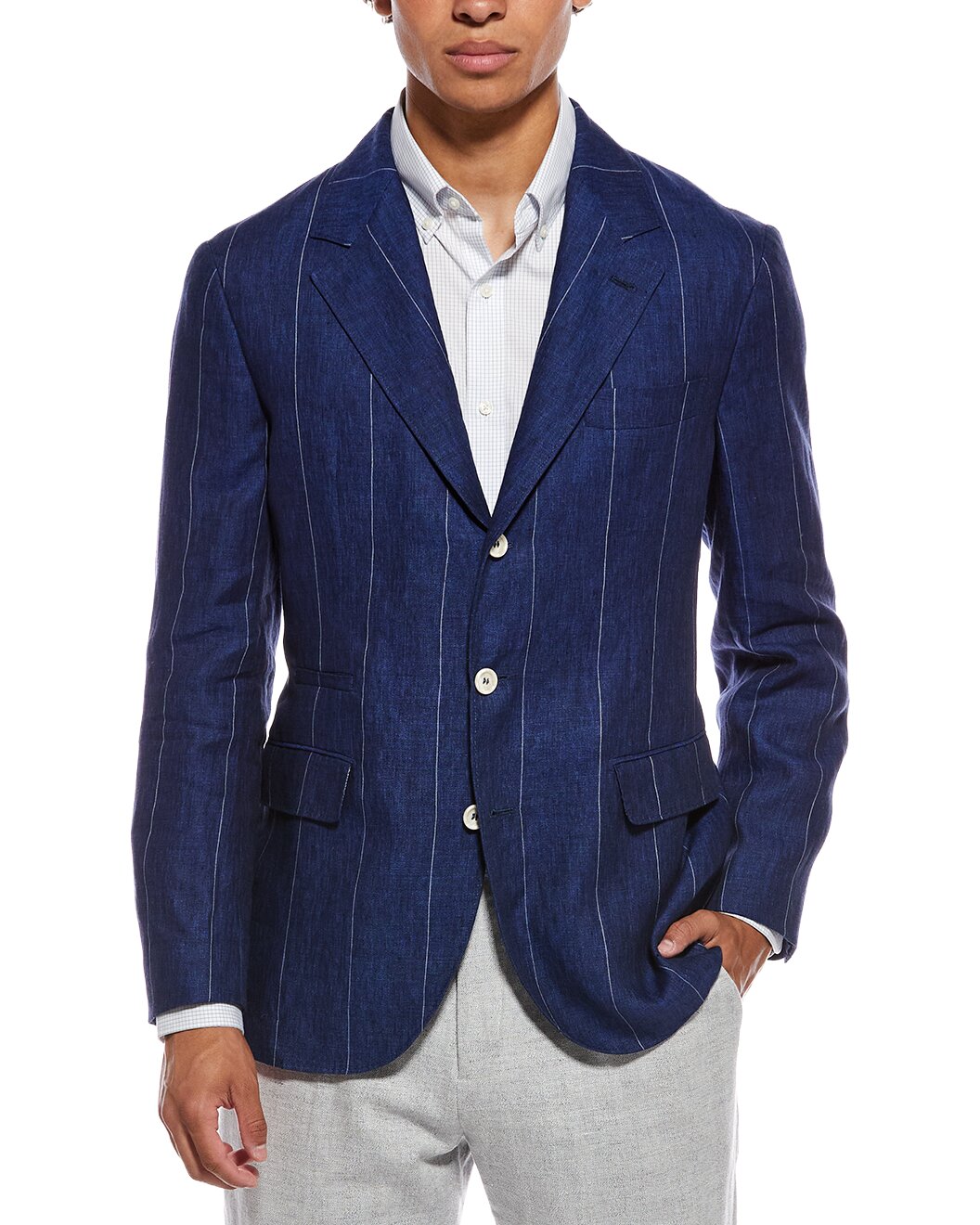 BRUNELLO CUCINELLI MEN'S INDIGO LINEN STRIPED BLAZER